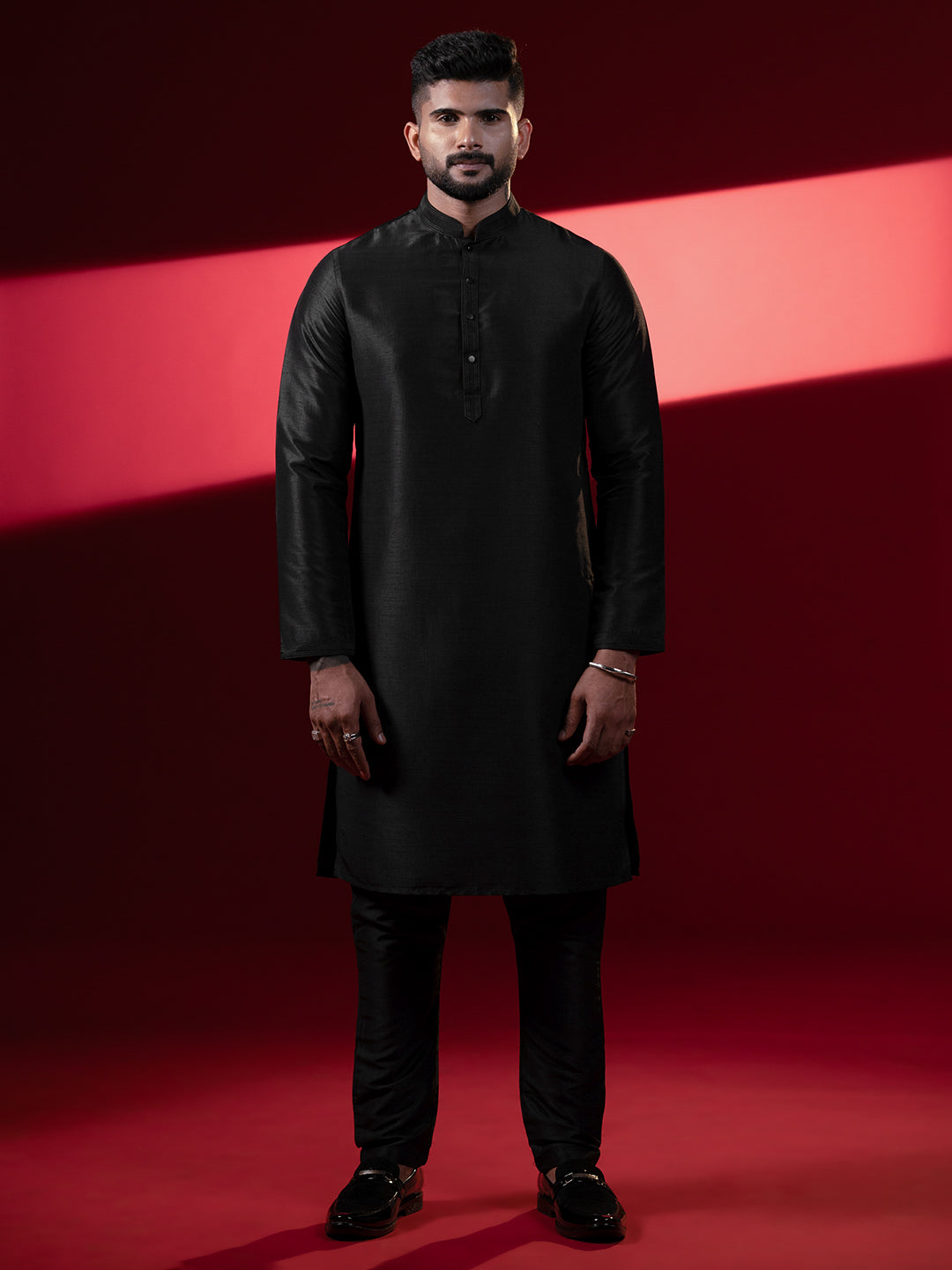 Black Silk Embroidered Jacket Kurta Set