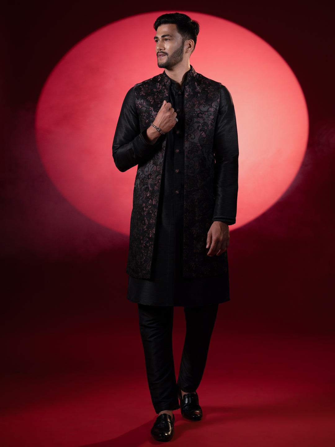 Wine Black Embroidered Long Jacket Kurta Set