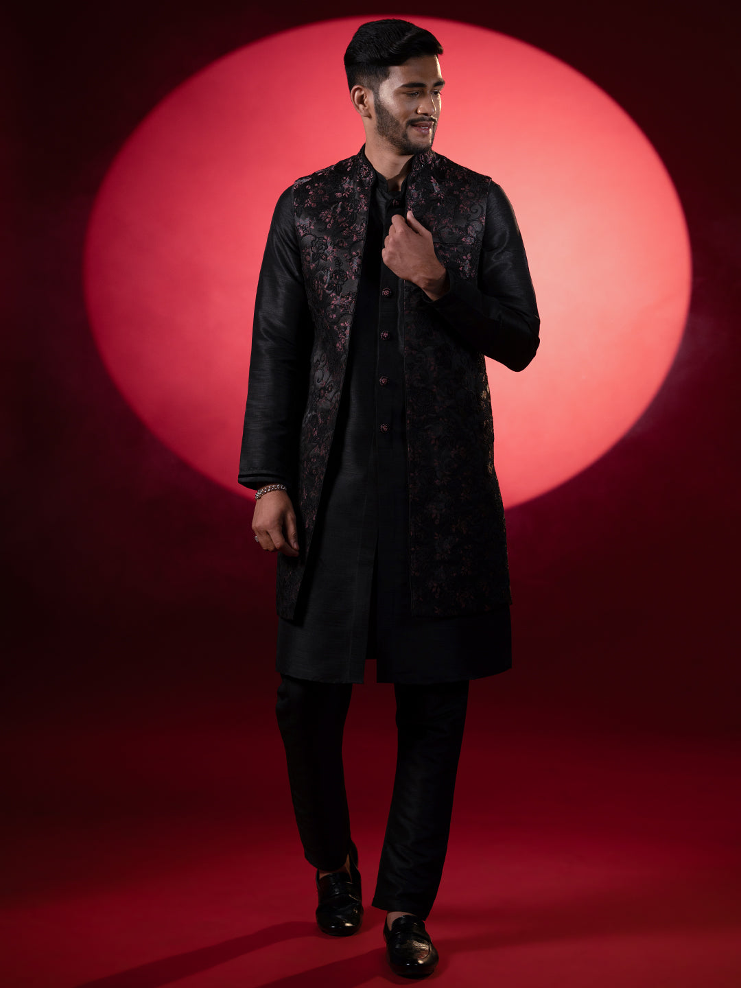 Wine Black Embroidered Long Jacket Kurta Set