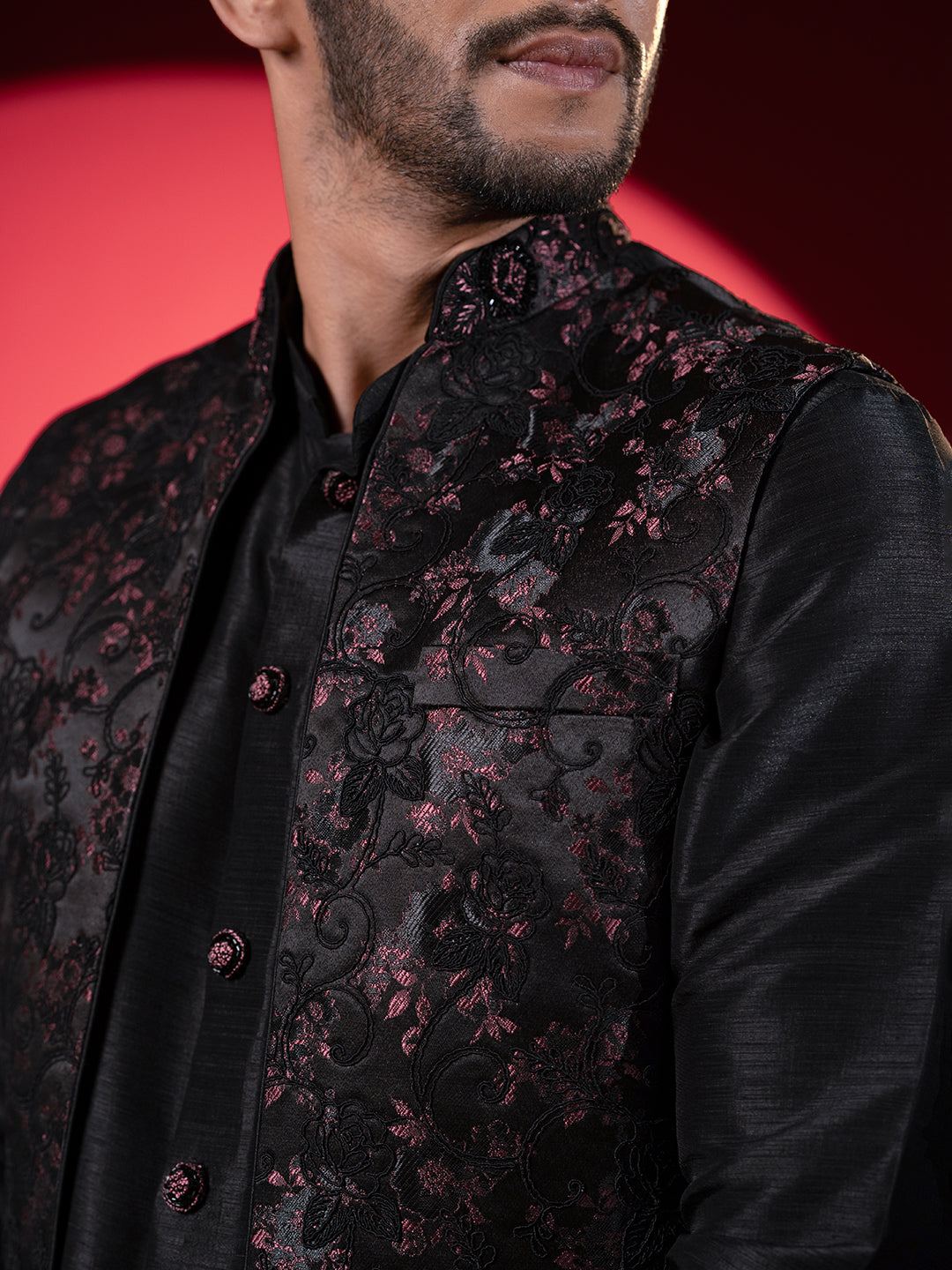 Wine Black Embroidered Long Jacket Kurta Set