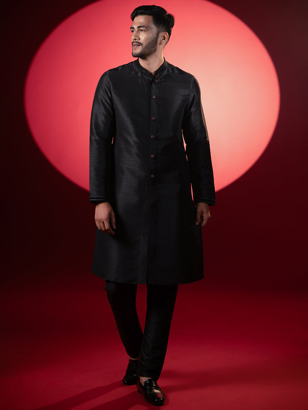 Wine Black Embroidered Long Jacket Kurta Set