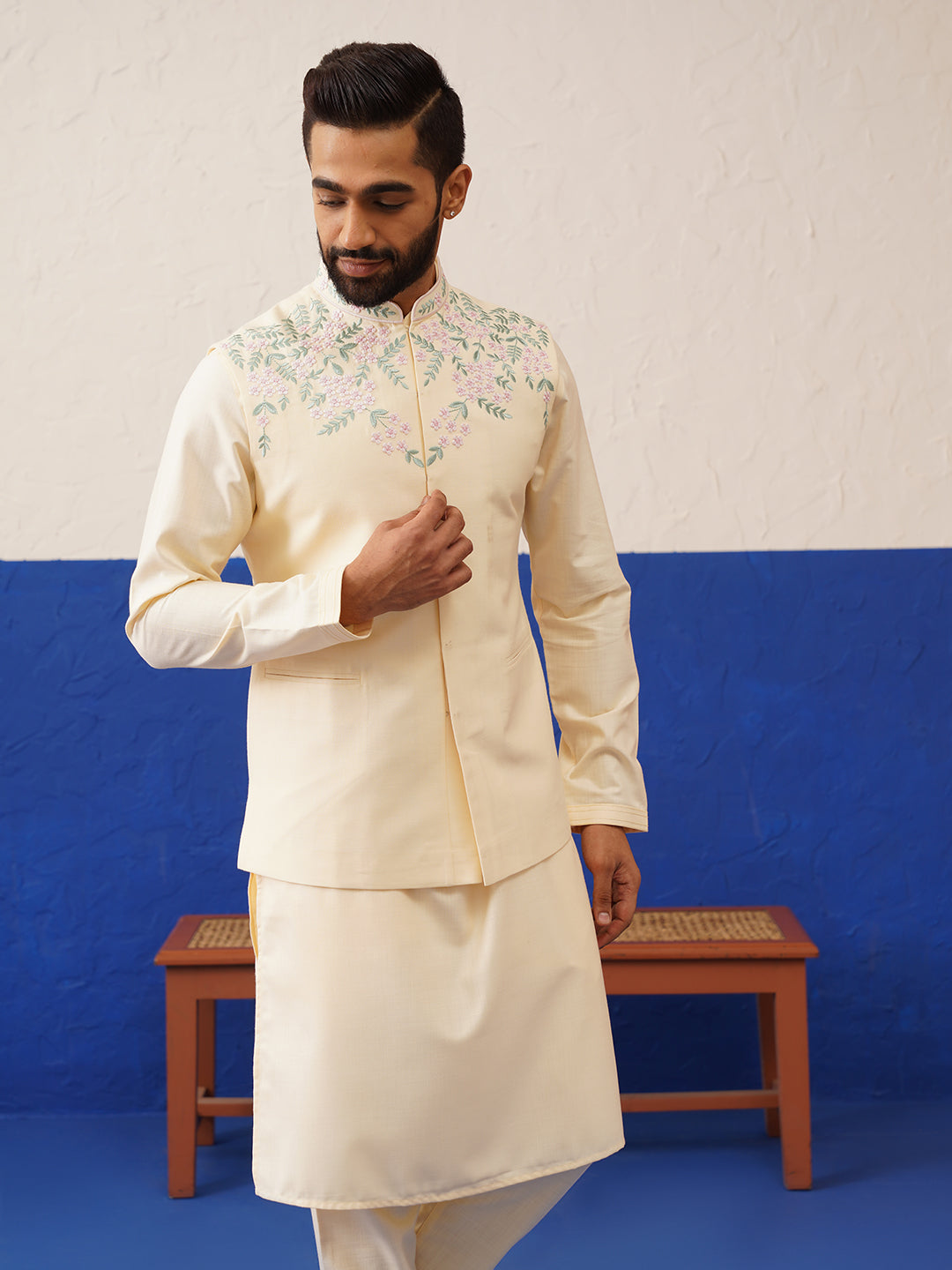 Cream Embroidered Jacket Kurta Set