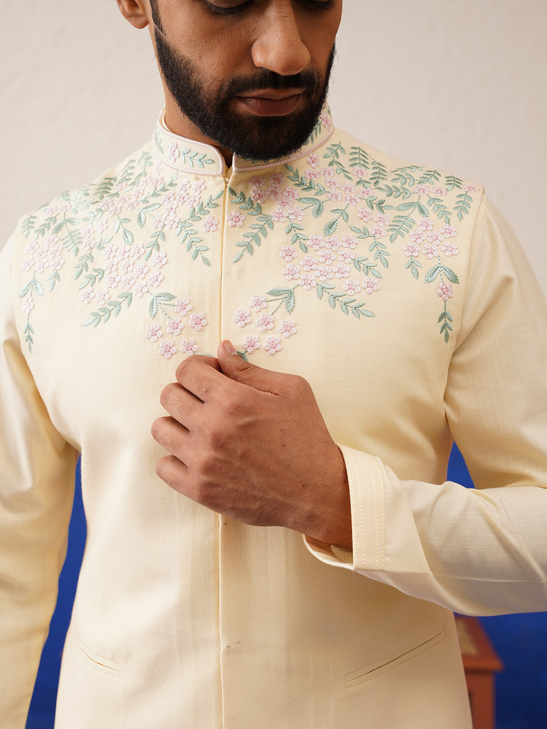 Cream Embroidered Jacket Kurta Set