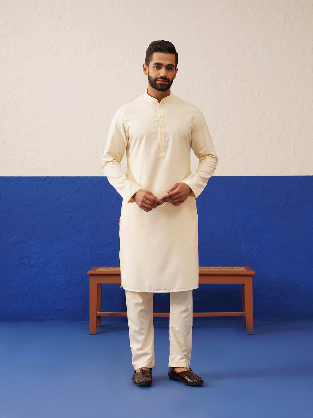 Cream Embroidered Jacket Kurta Set