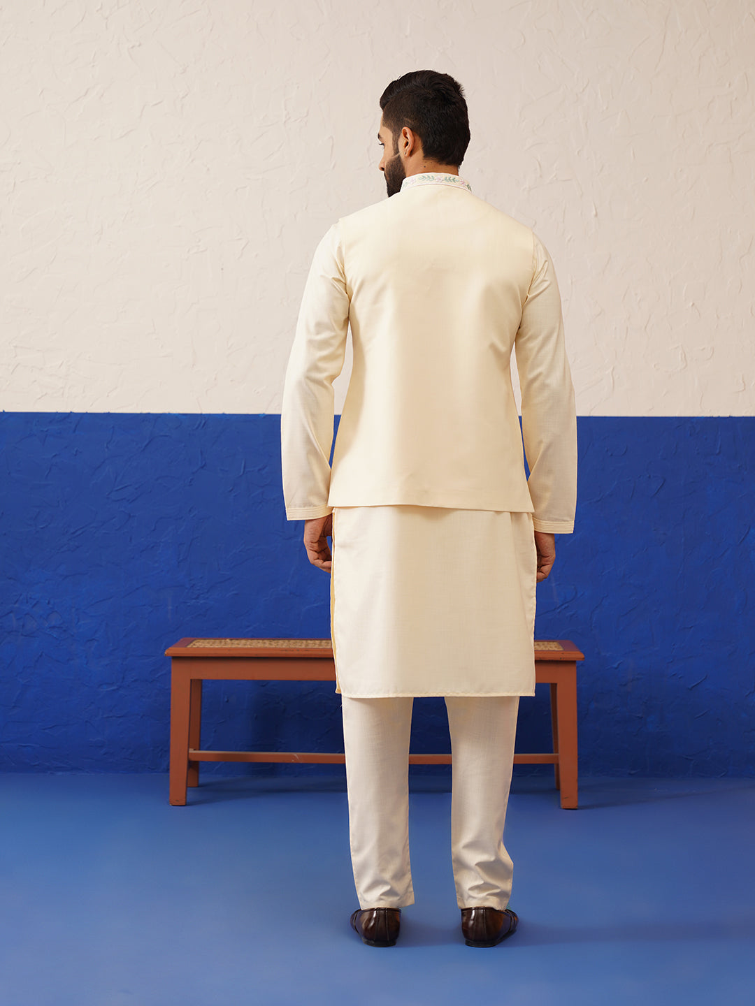 Cream Embroidered Jacket Kurta Set