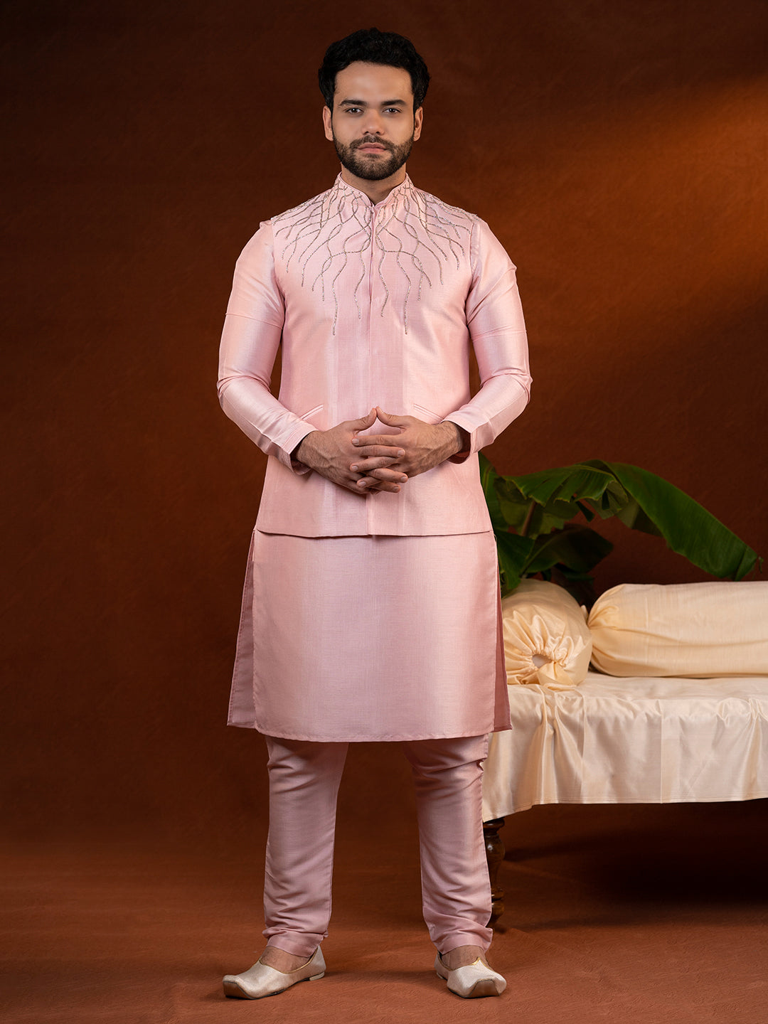 Pink Embroidered Jacket Kurta Set