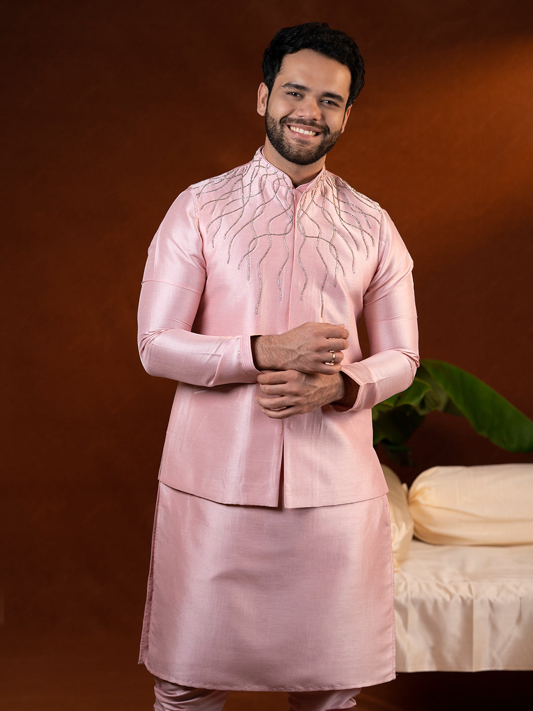 Pink Embroidered Jacket Kurta Set