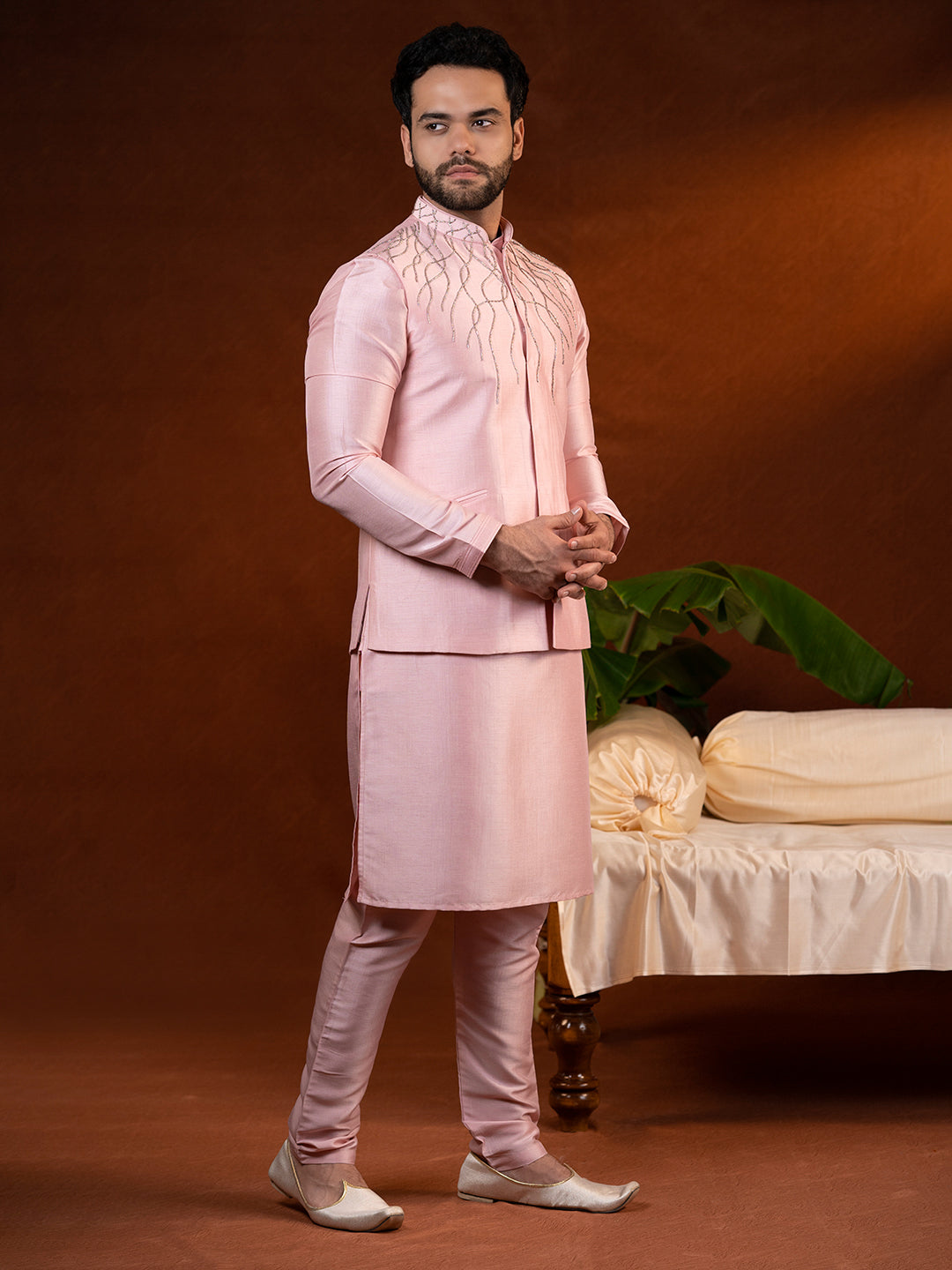 Pink Embroidered Jacket Kurta Set