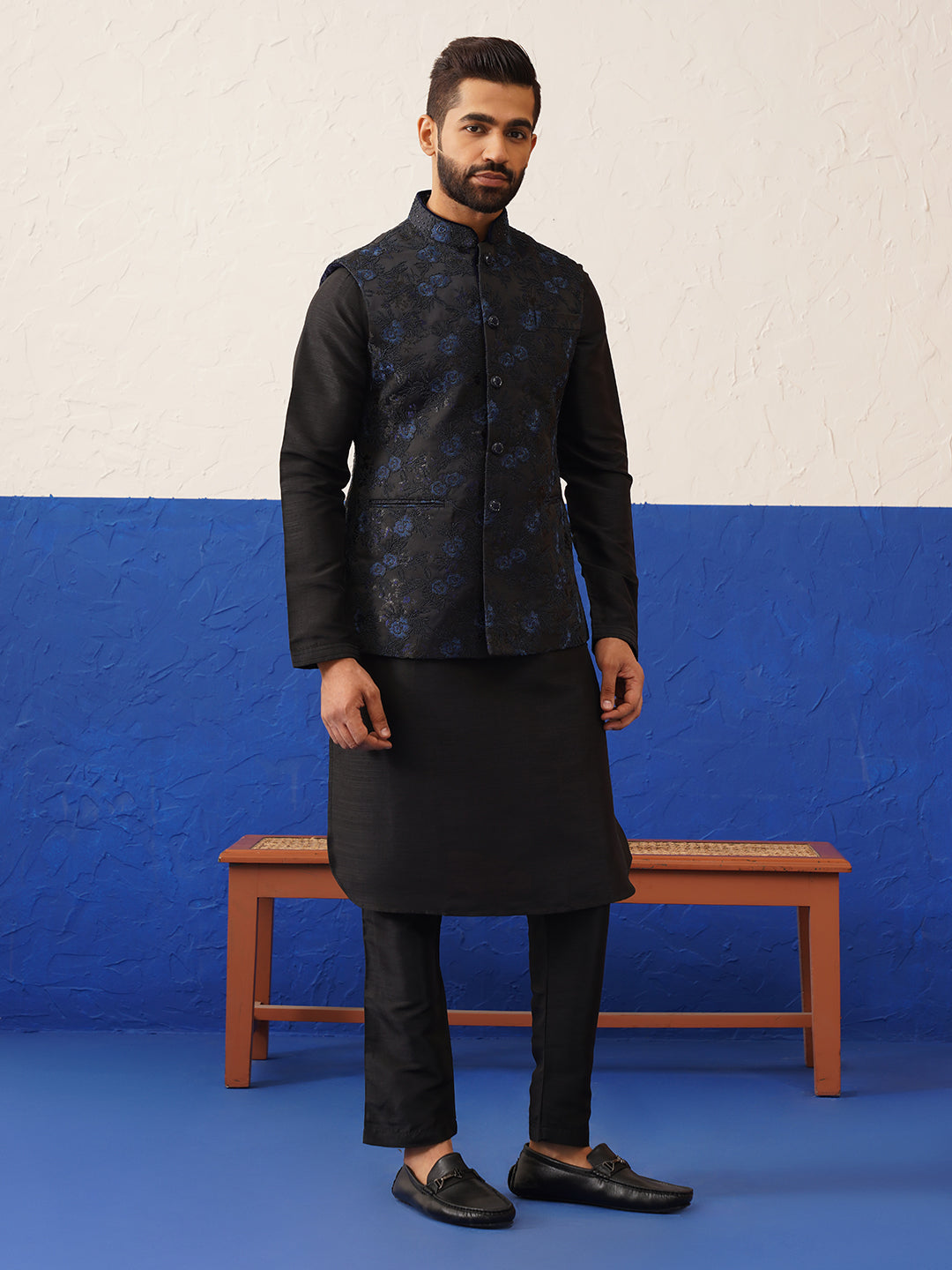 Navy Embroidered Jacket with Black Kurta set