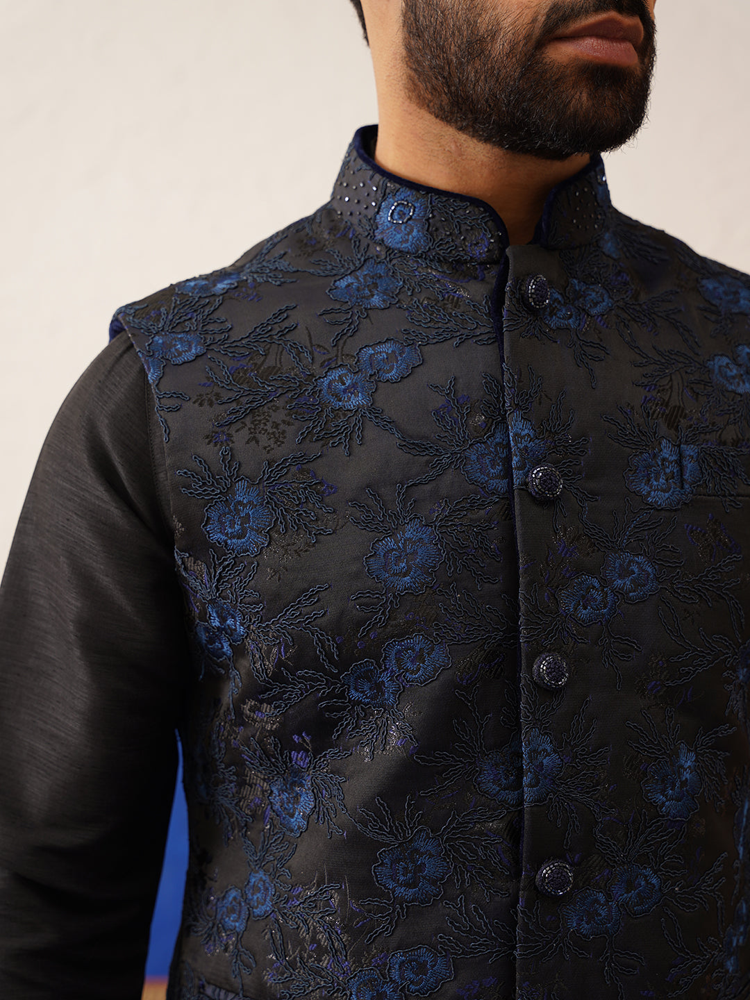 Navy Embroidered Jacket with Black Kurta set