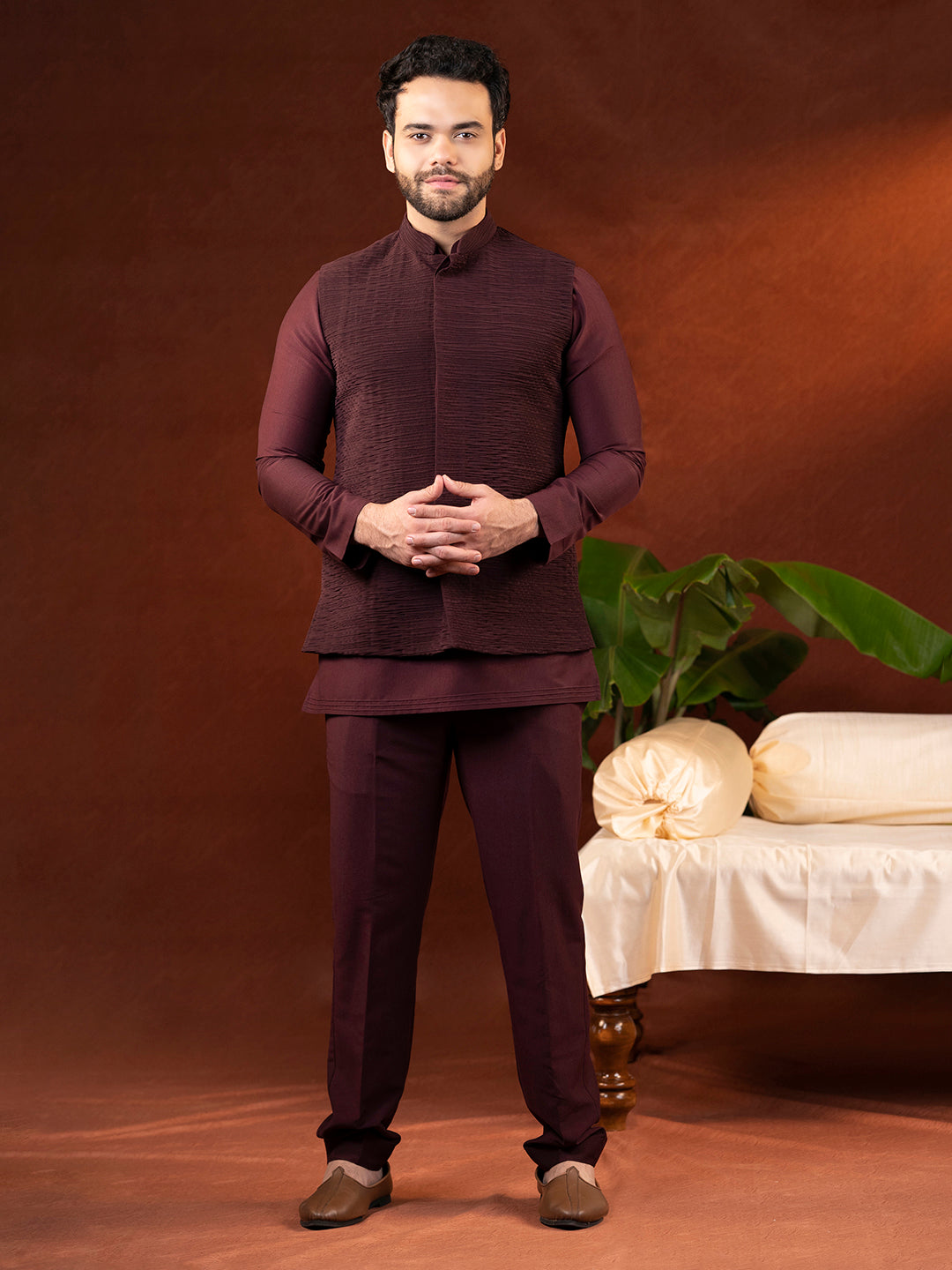 Wine Jacket Kurta Set