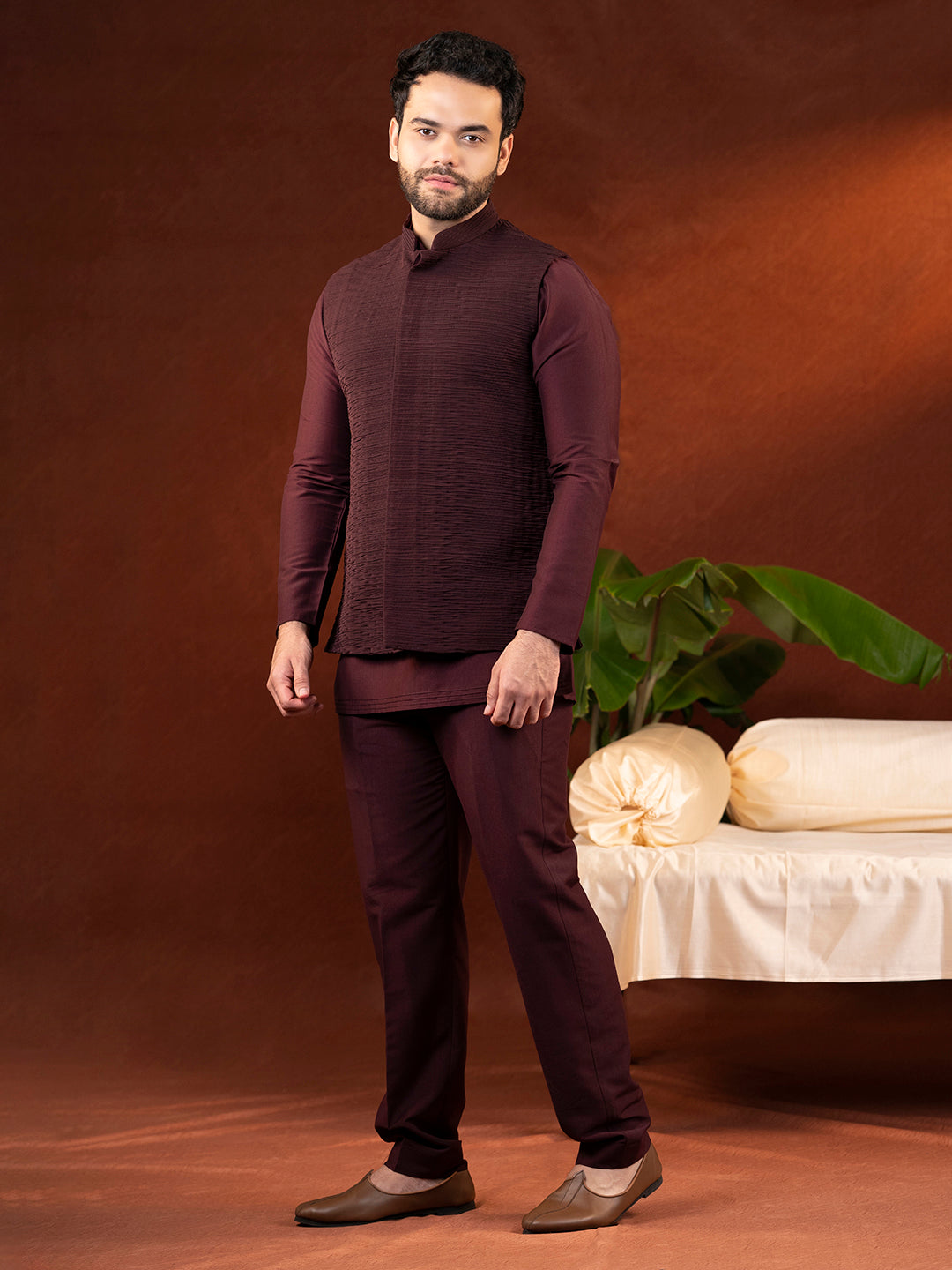 Wine Jacket Kurta Set