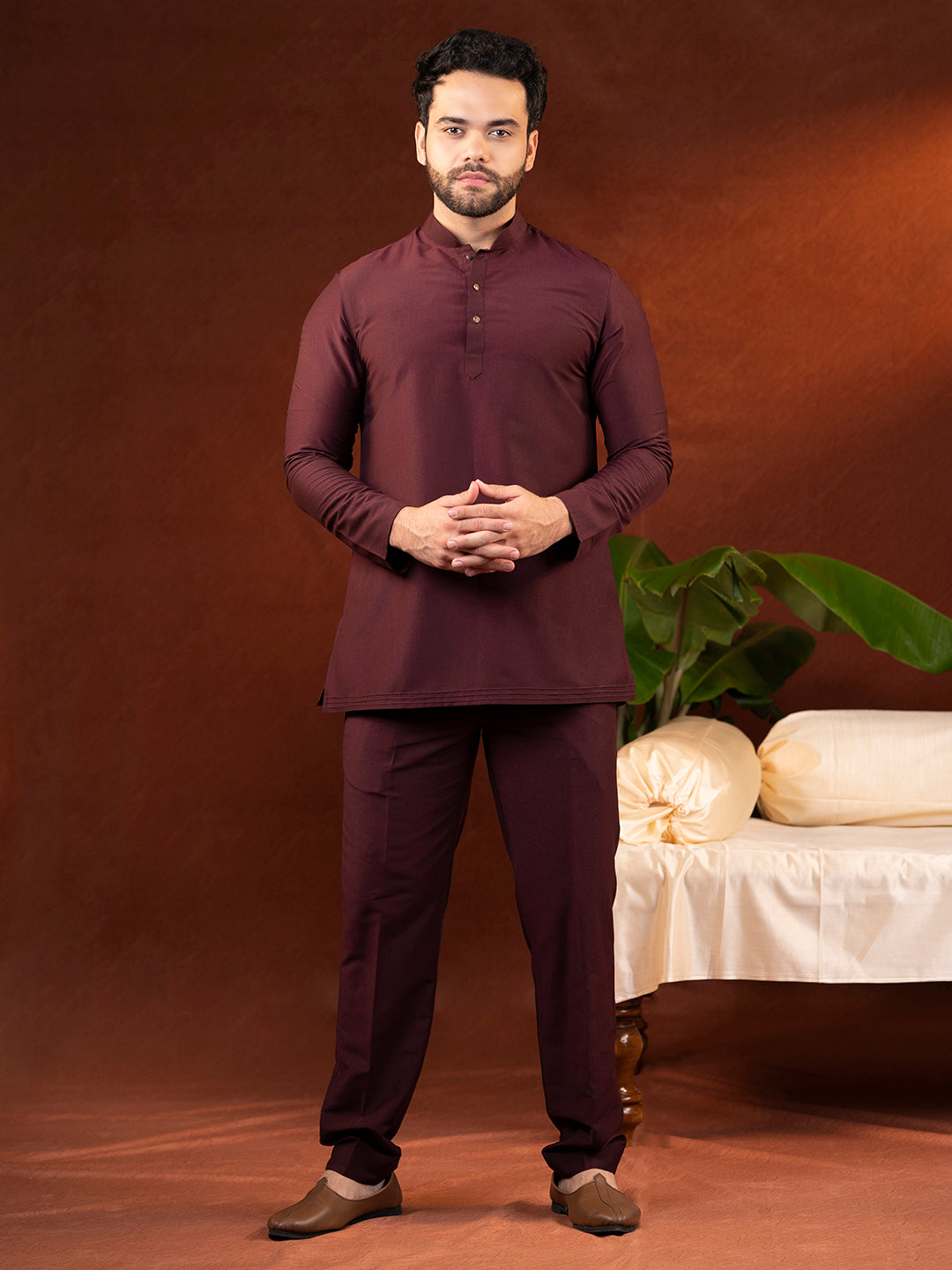 Wine Jacket Kurta Set