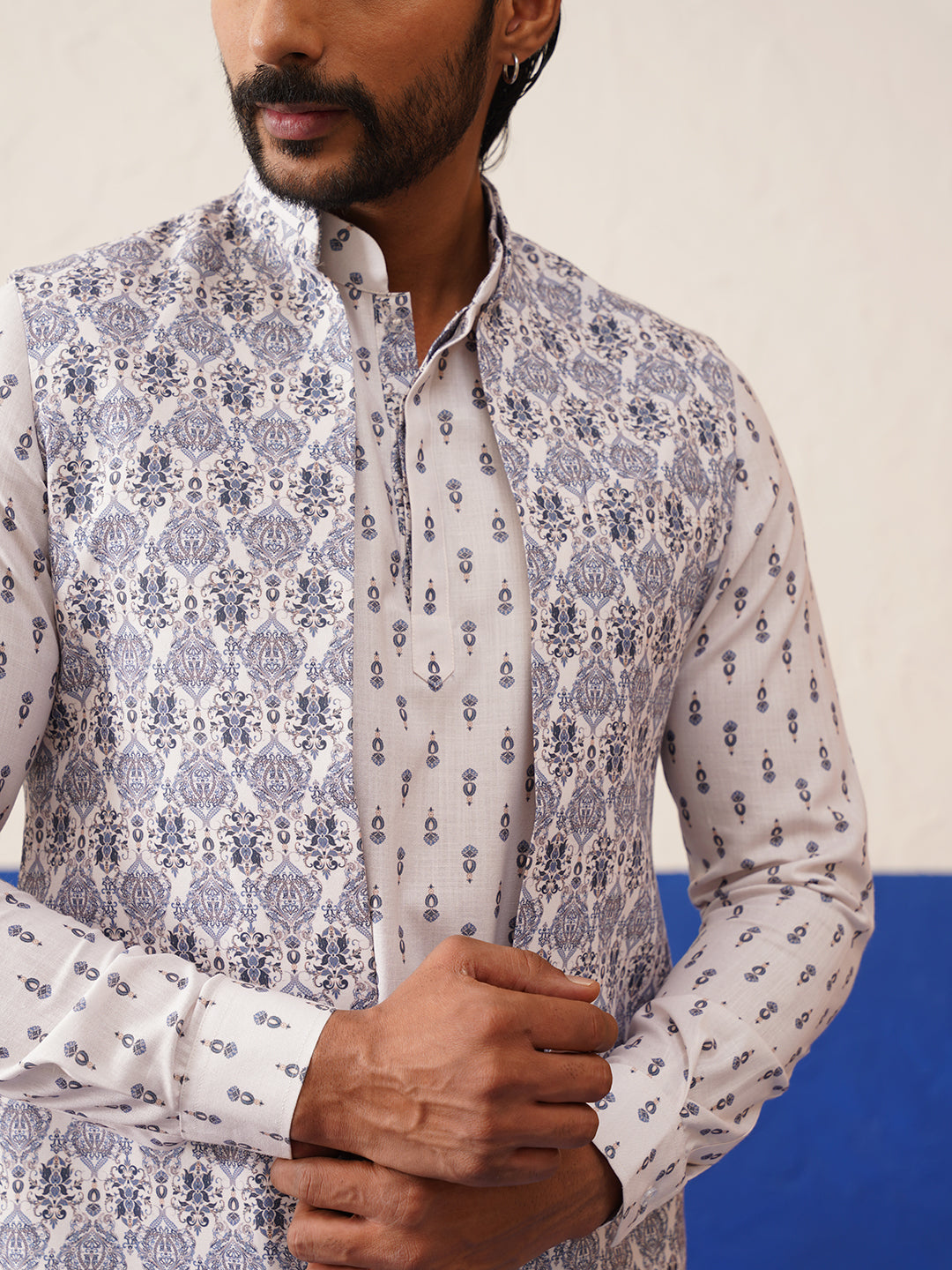 Cream Printed Jacket Kurta Set