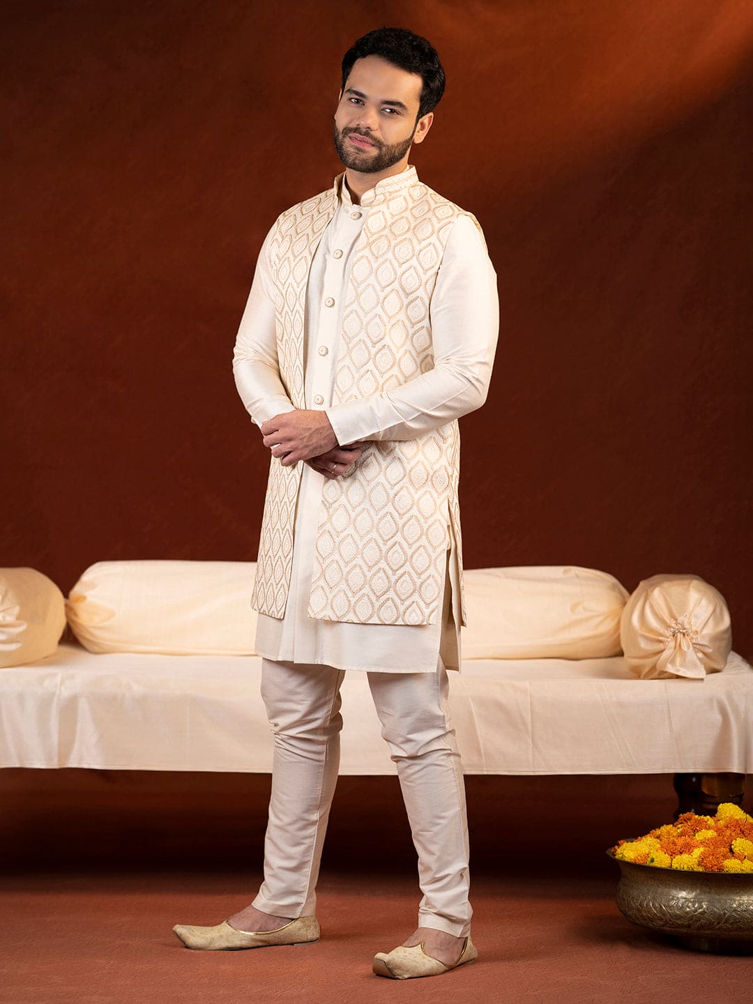 Cream Embroidered Long Jacket Kurta Set