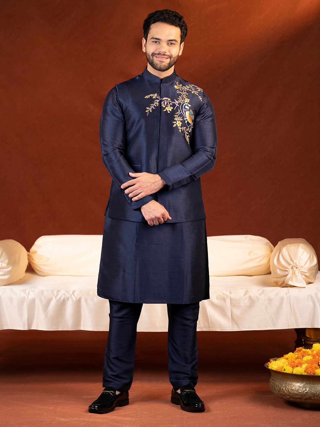 Blue Embroidered Jacket Kurta Set