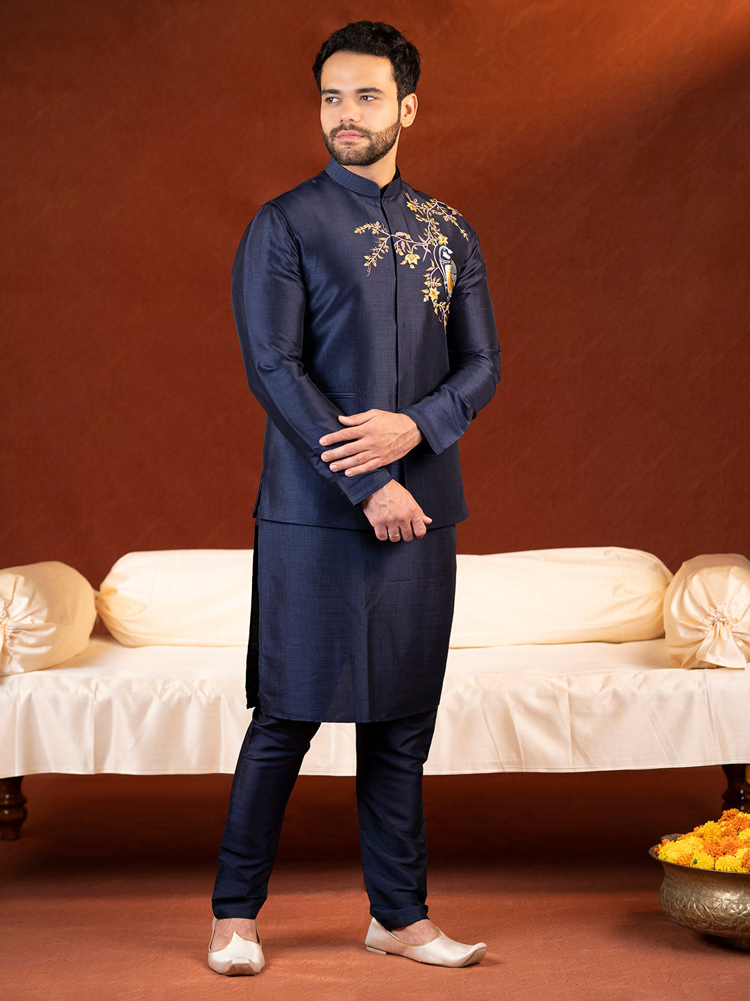 Blue Embroidered Jacket Kurta Set