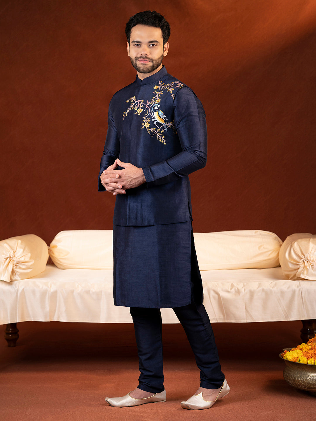 Blue Embroidered Jacket Kurta Set