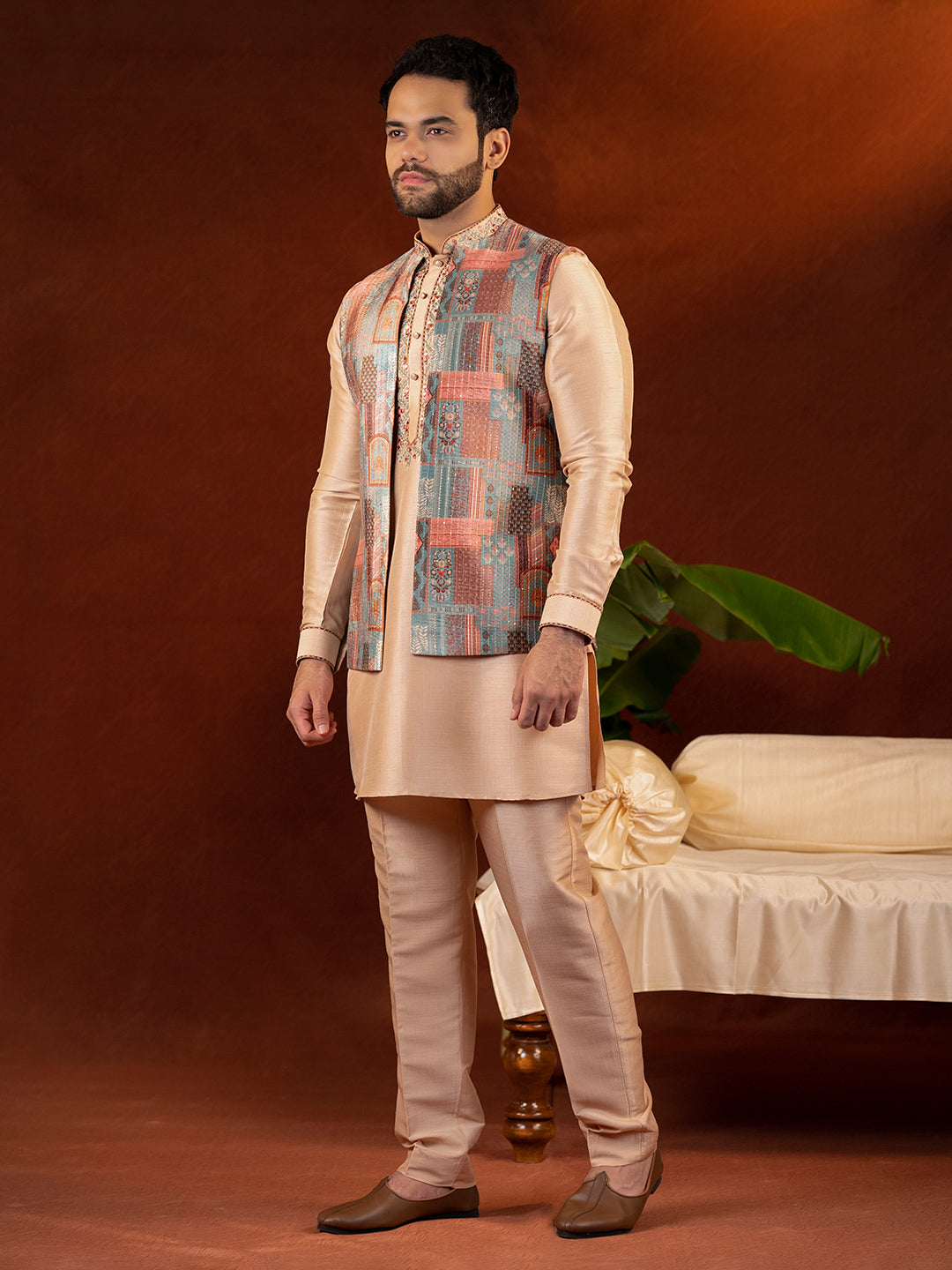 Champagne gold front open bundi with front embroidered kurta set