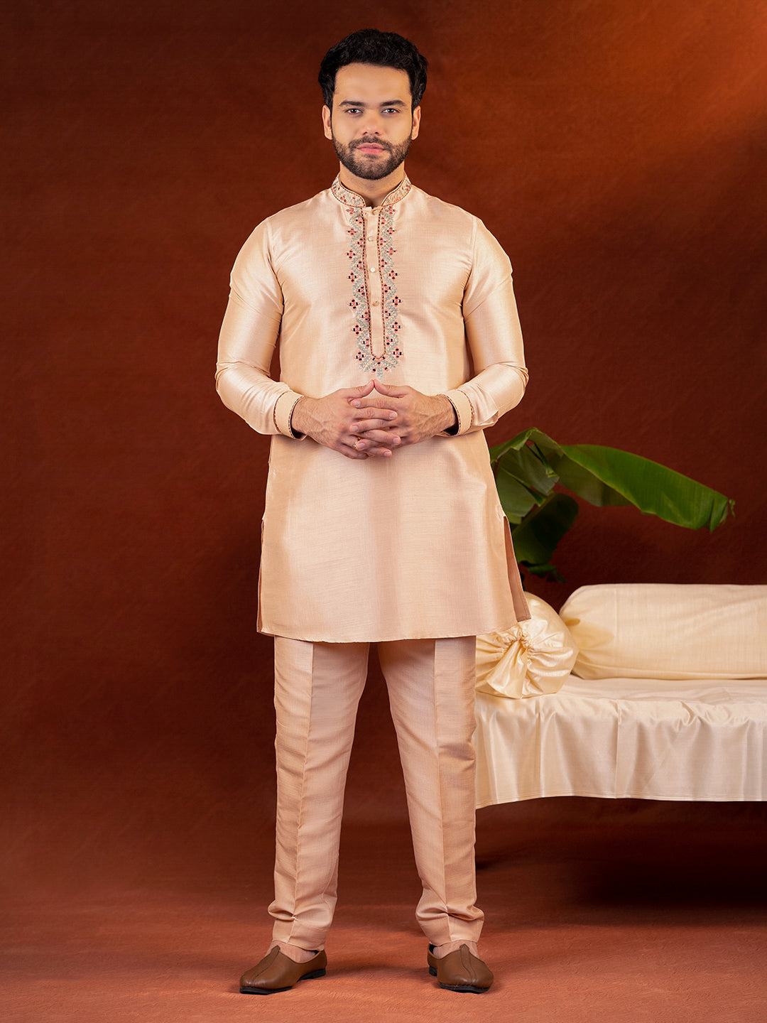 Champagne gold front open bundi with front embroidered kurta set