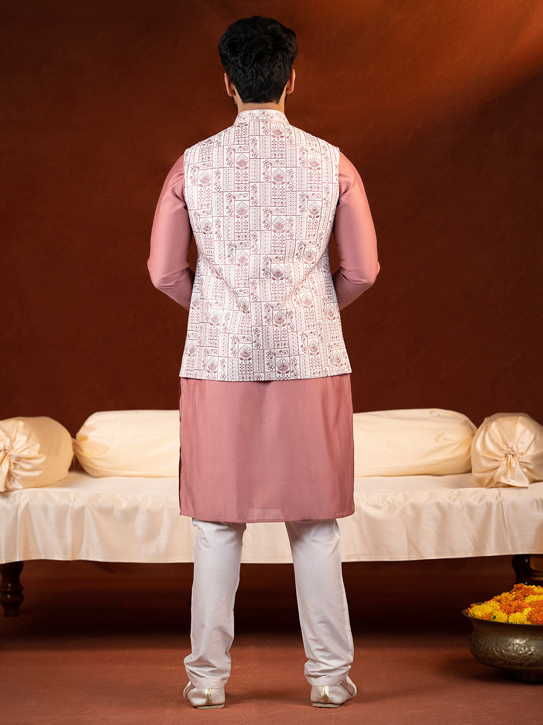 Cream with onion colour resham Embroidered Jacket & Kurta Set