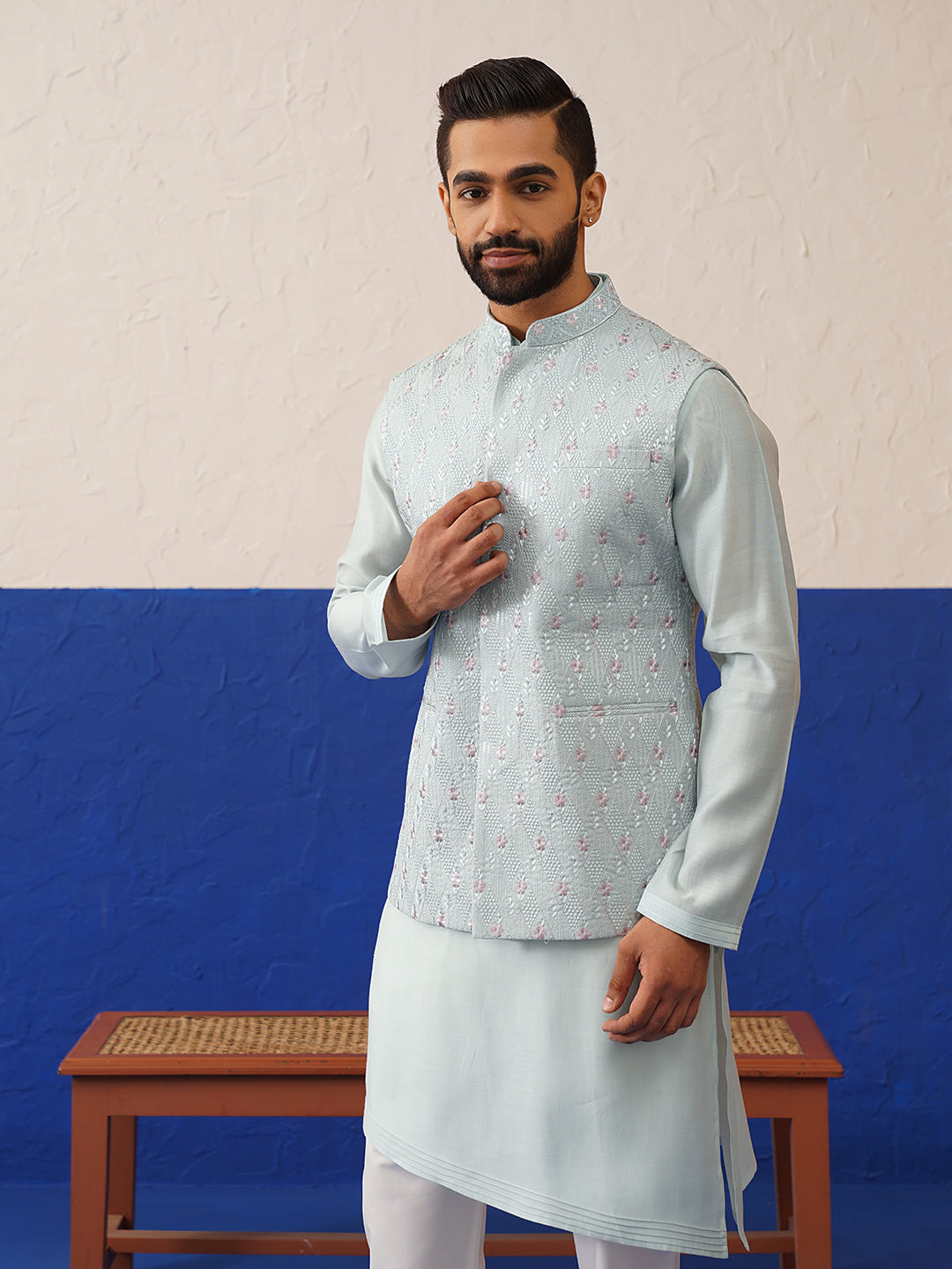 Ivory Grey Embroidered Jacket Kurta Set