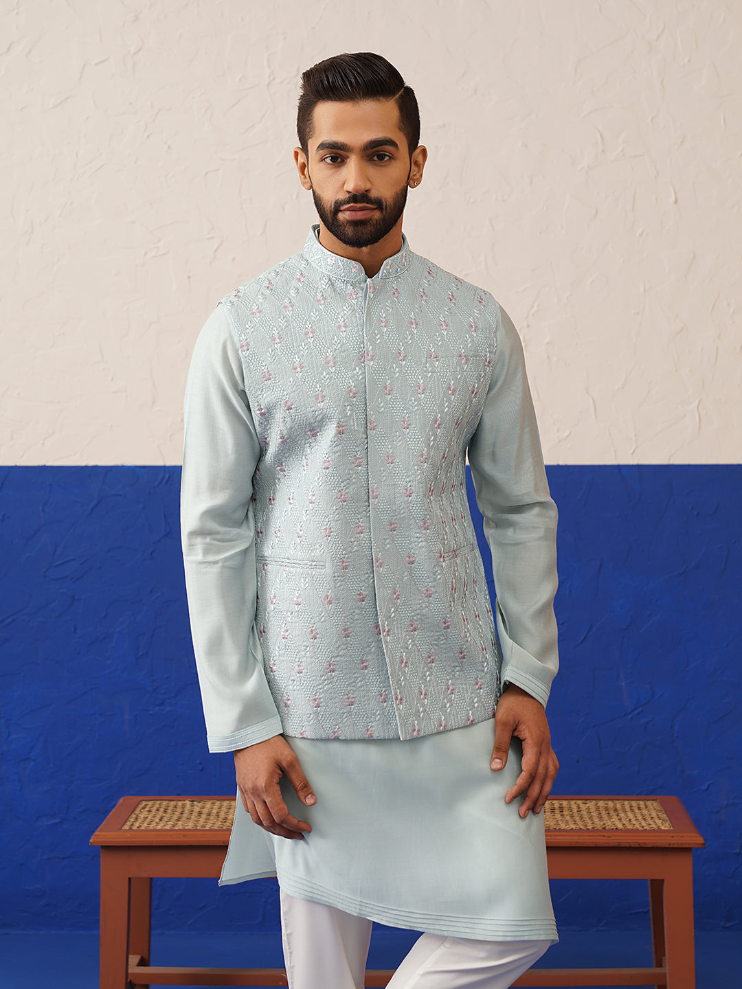 Ivory Grey Embroidered Jacket Kurta Set