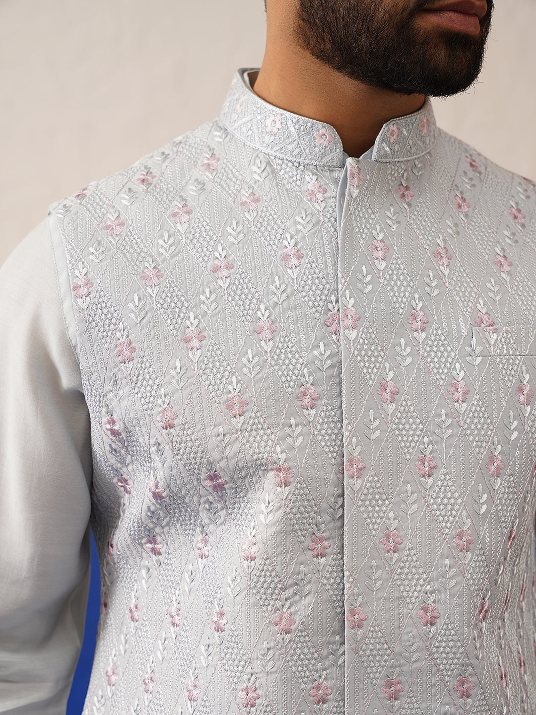 Ivory Grey Embroidered Jacket Kurta Set