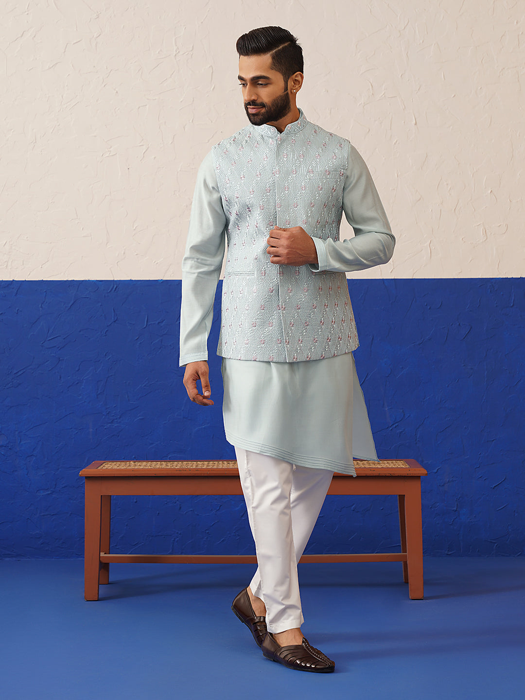 Ivory Grey Embroidered Jacket Kurta Set