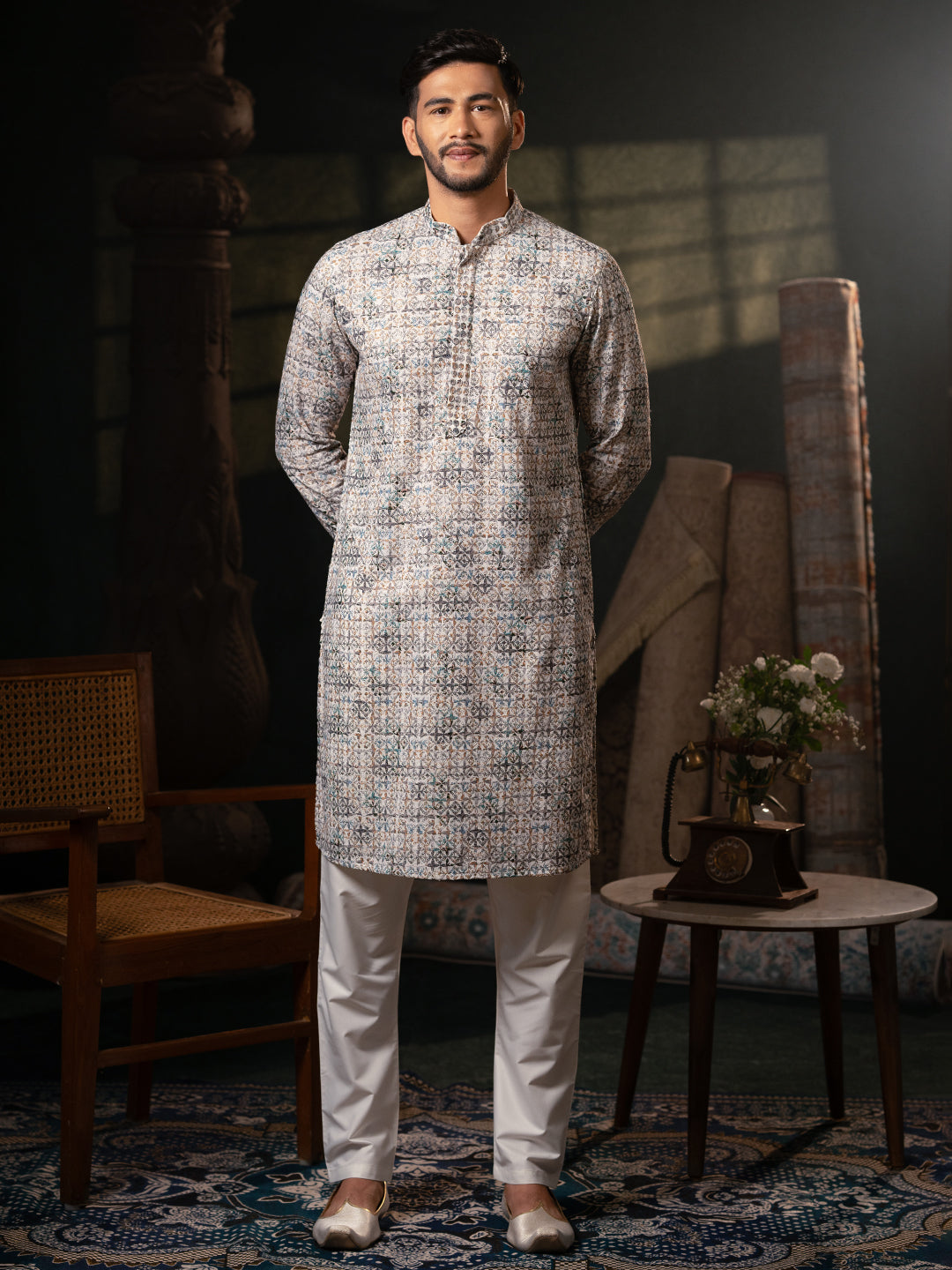 Grey printed Chikankari Kurta set