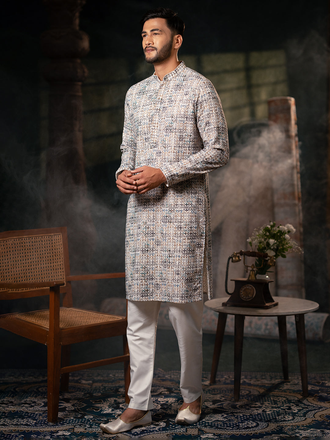 Grey printed Chikankari Kurta set