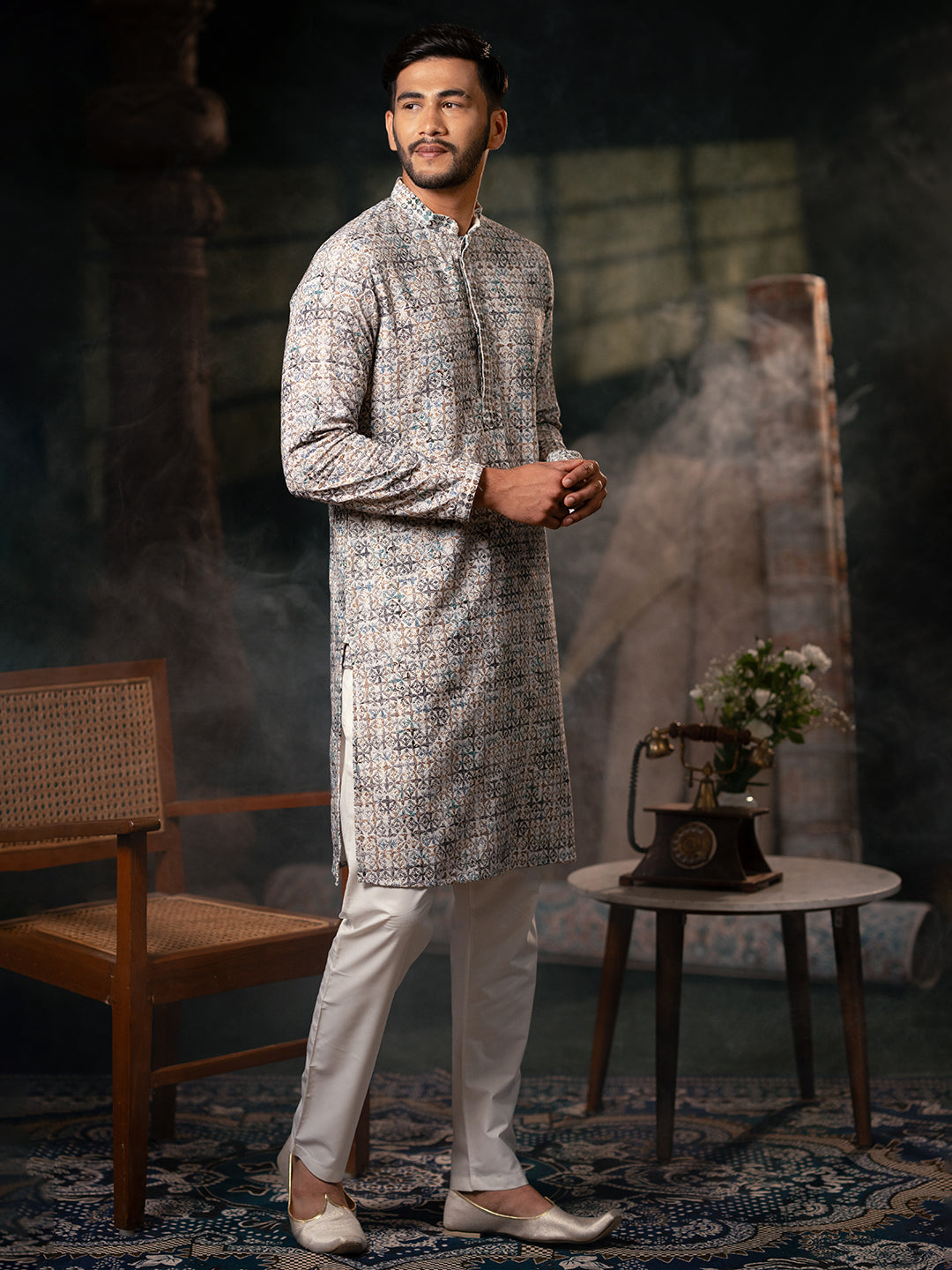 Grey printed Chikankari Kurta set