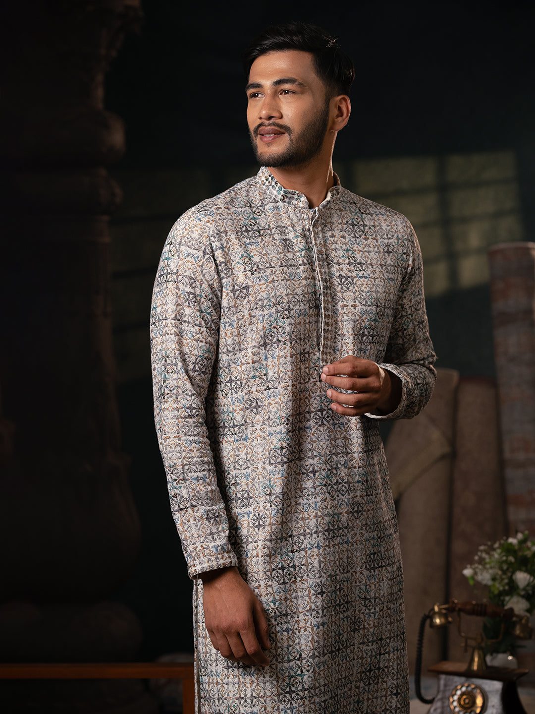 Grey printed Chikankari Kurta set