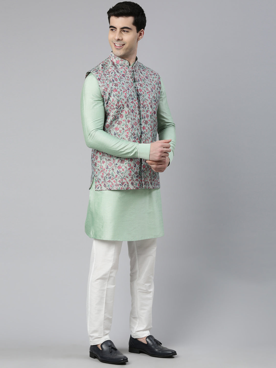 Jade Green Pashmina Print Jacket with Solid Green Short Kurta Set
