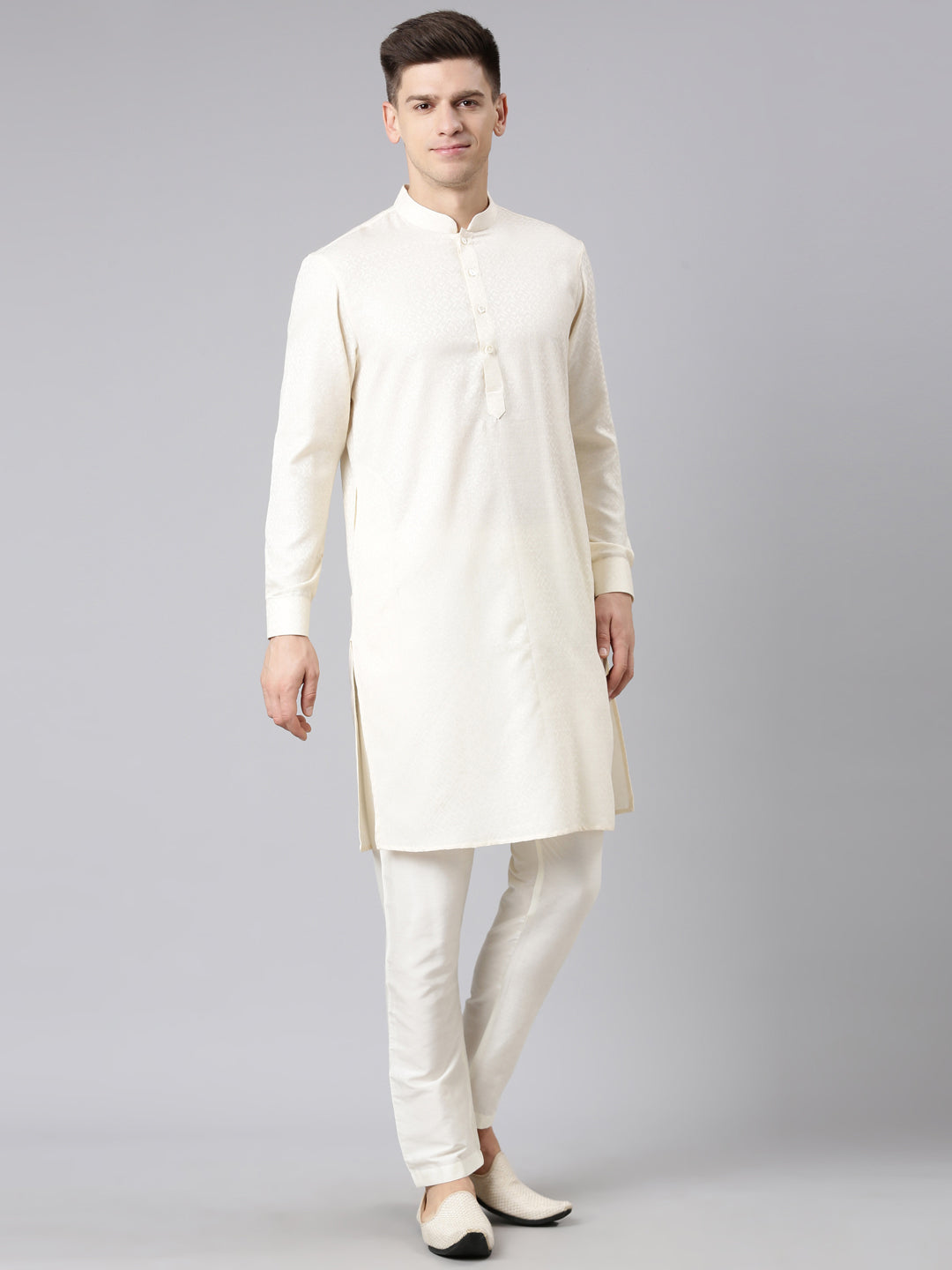 Light Blue Cotton Jacquard Jacket Kurta Set