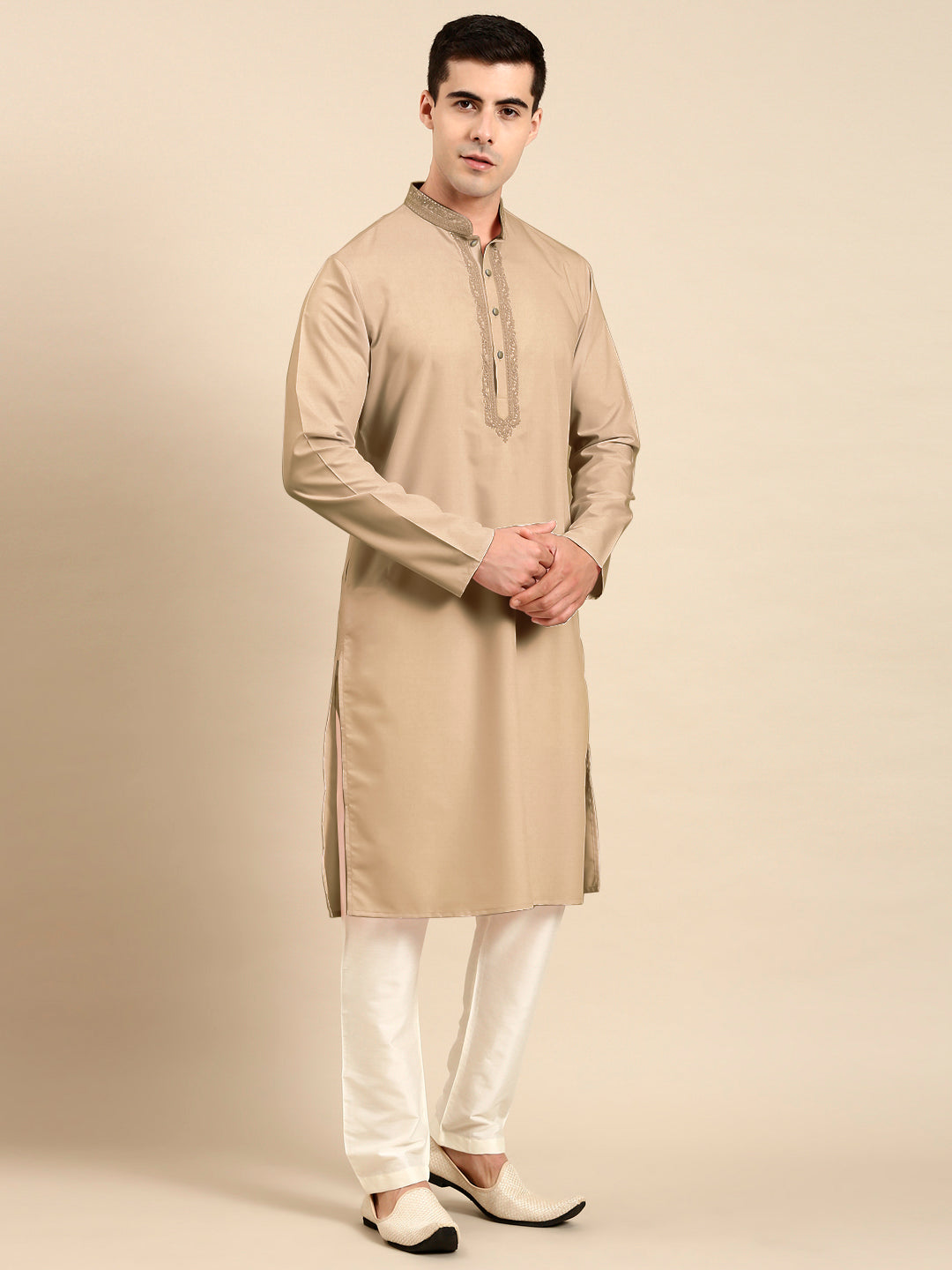 Beige Cotton Dori Embroidered Kurta Set