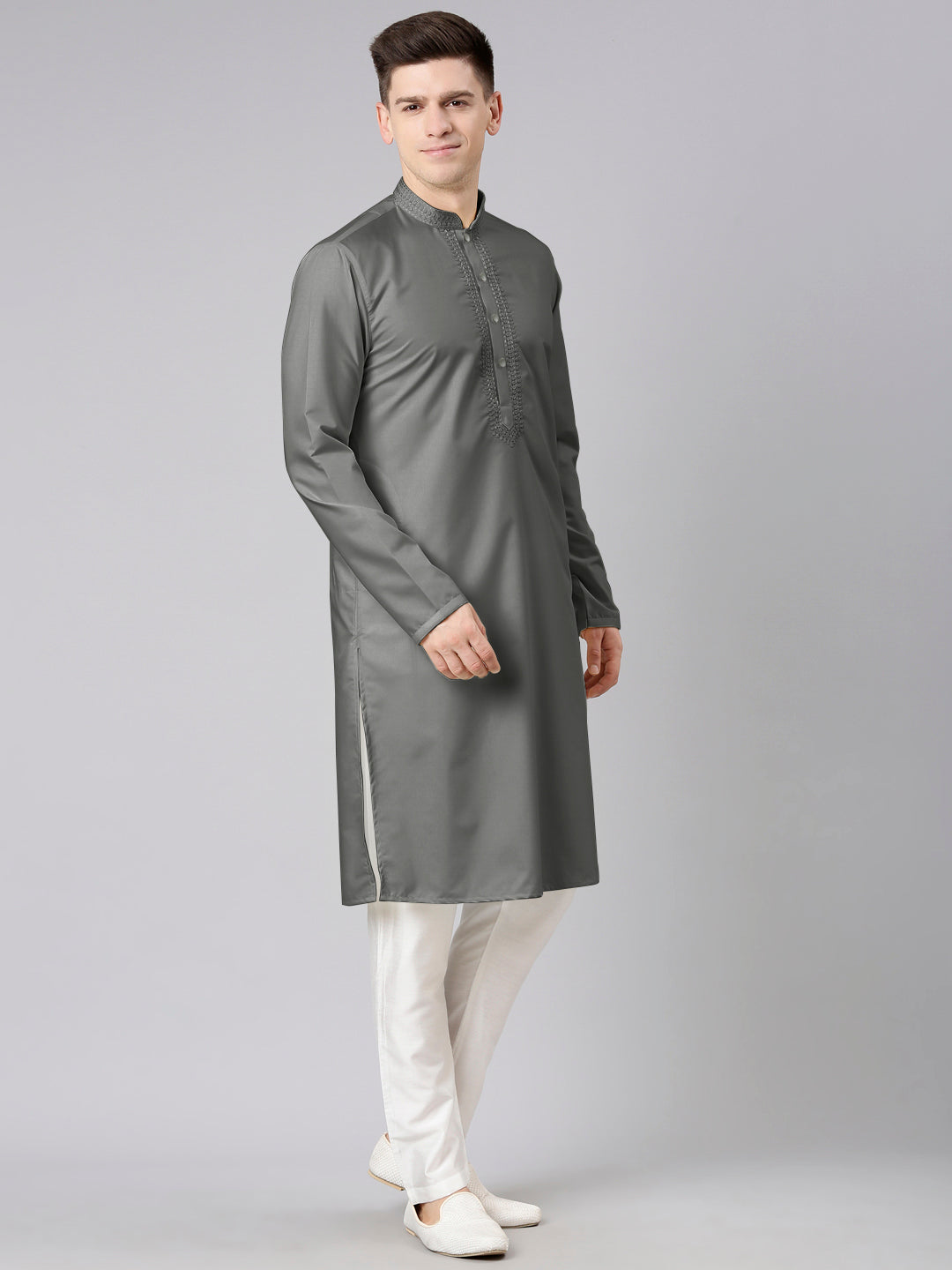 Grey Cotton Dori Embroidery Kurta Set