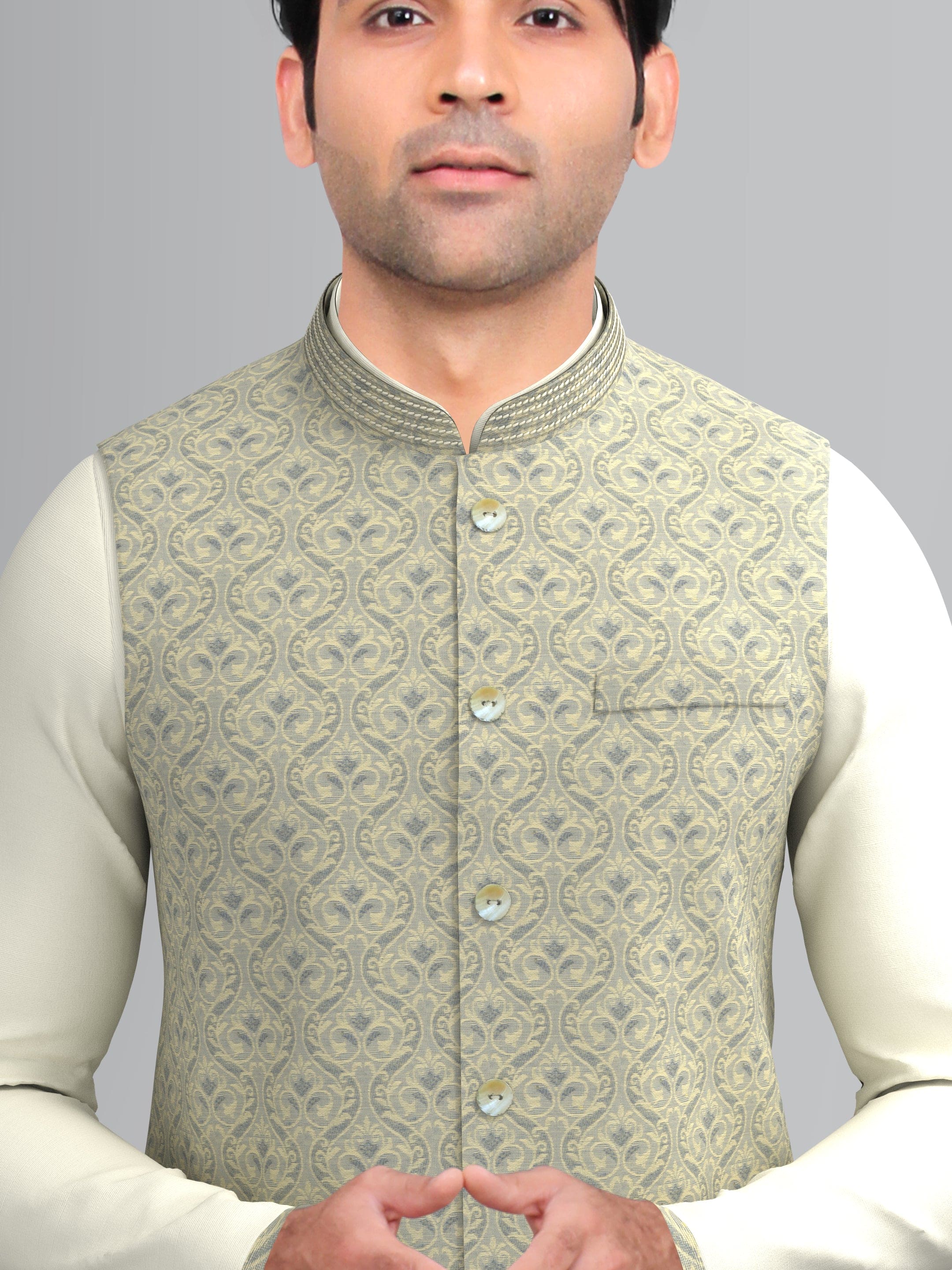 Grey Jacquard Jacket with Off white kurta