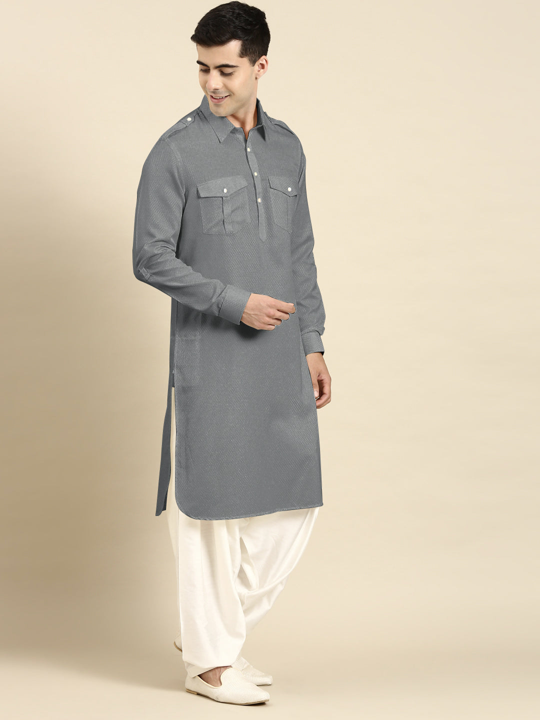 Grey Cotton Pathani with Salwar