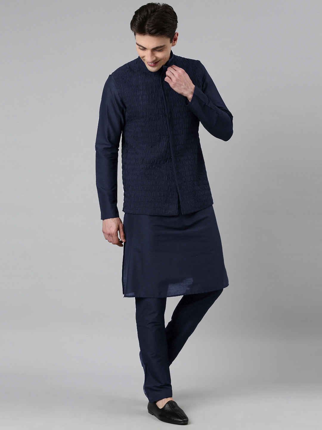 Navy Ruching Jacket Kurta Set