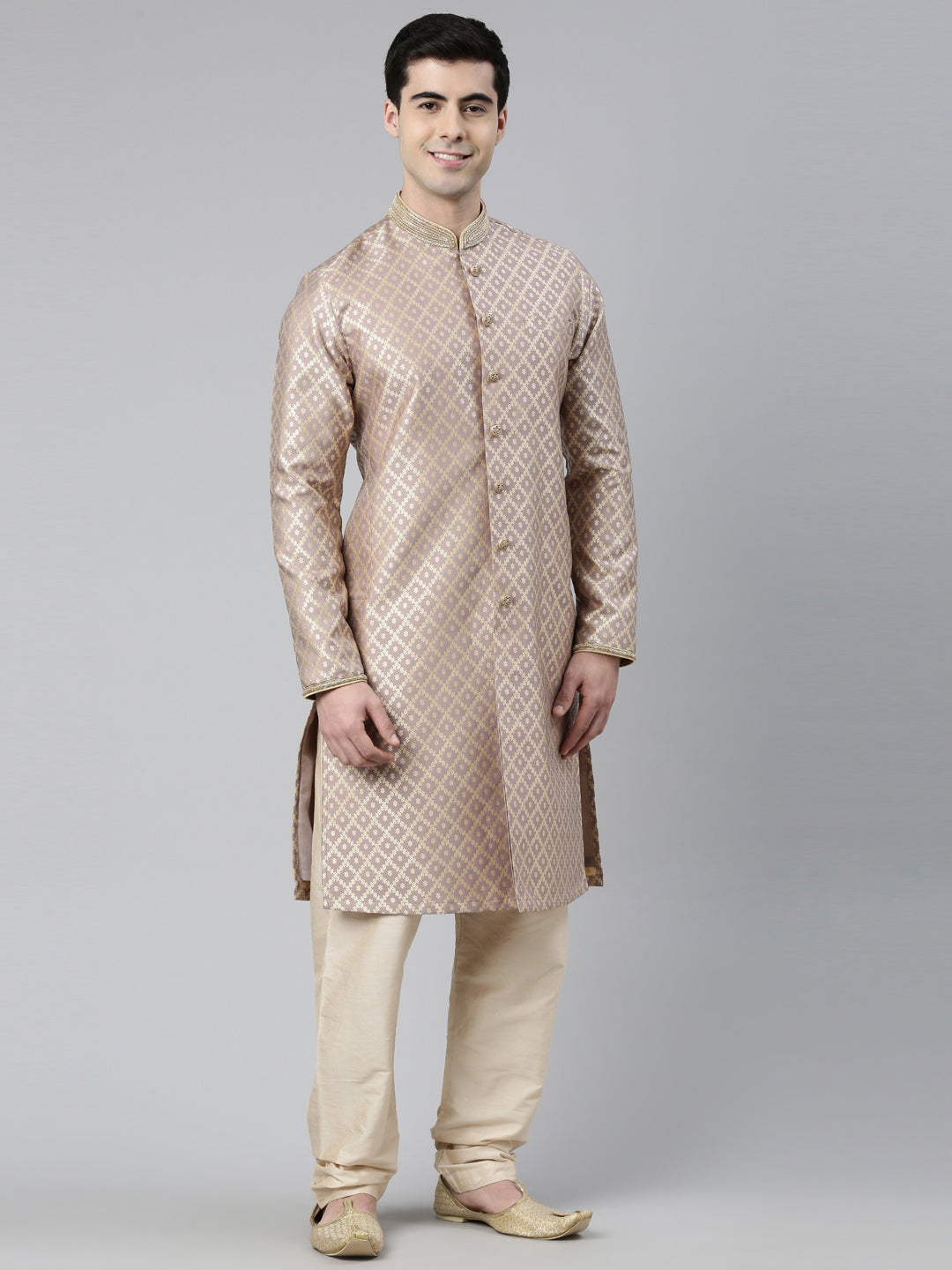 Old Rose with Golden Floral Jaal Open Kurta Set