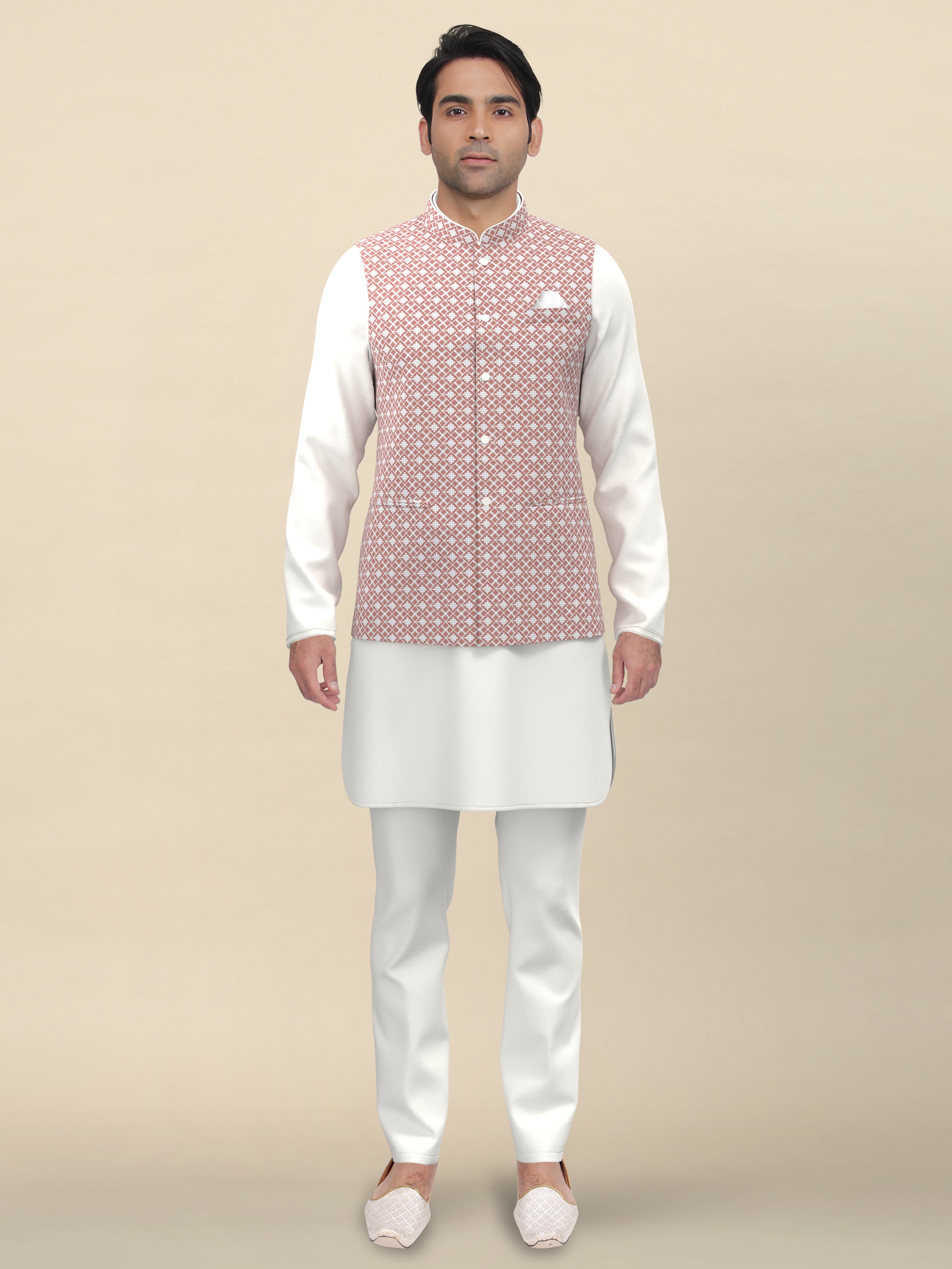 Peach Chikankari Jacket Kurta Set