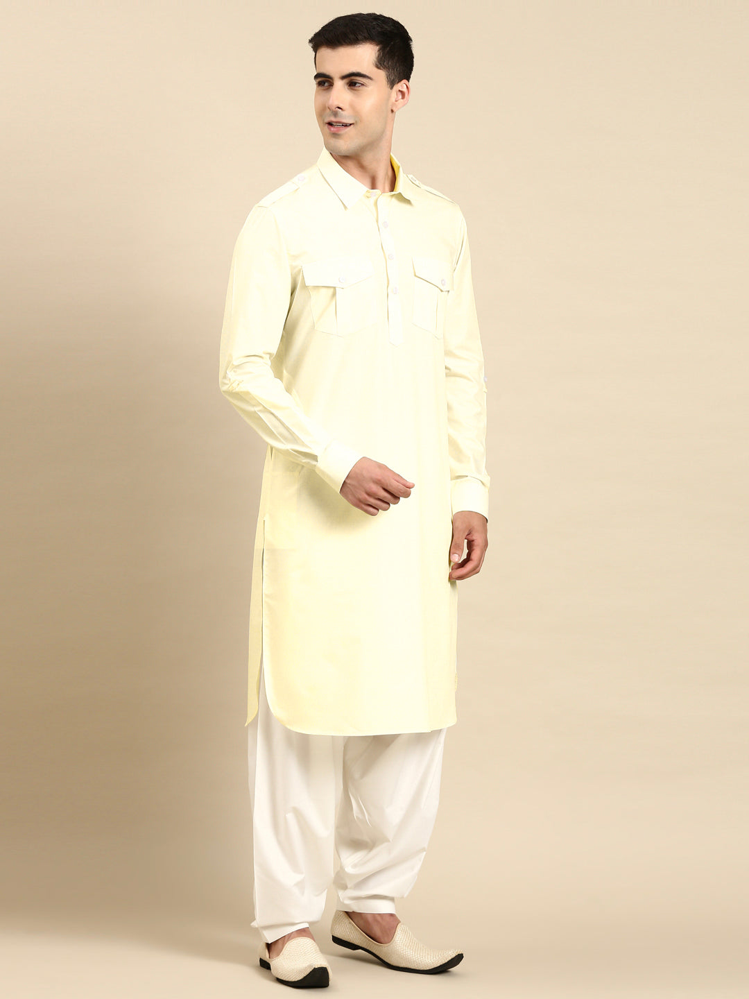 Light Yellow fine Cotton Pathani with Salwar