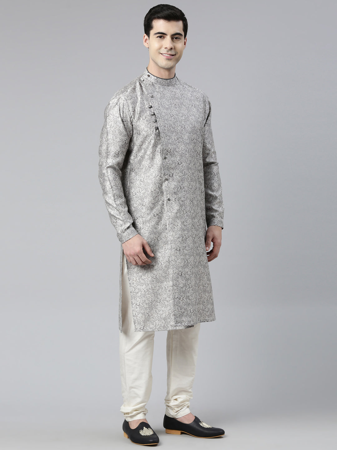 Grey Block Printed Angrakha Style Chanderi Silk kurta set