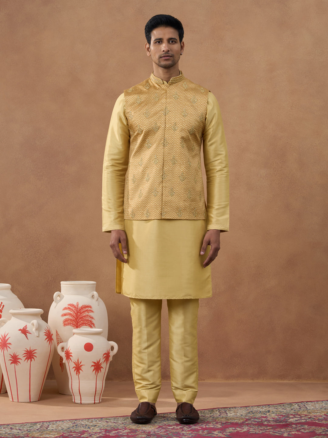 Gold Herringbone Printed Bundi Kurta Set