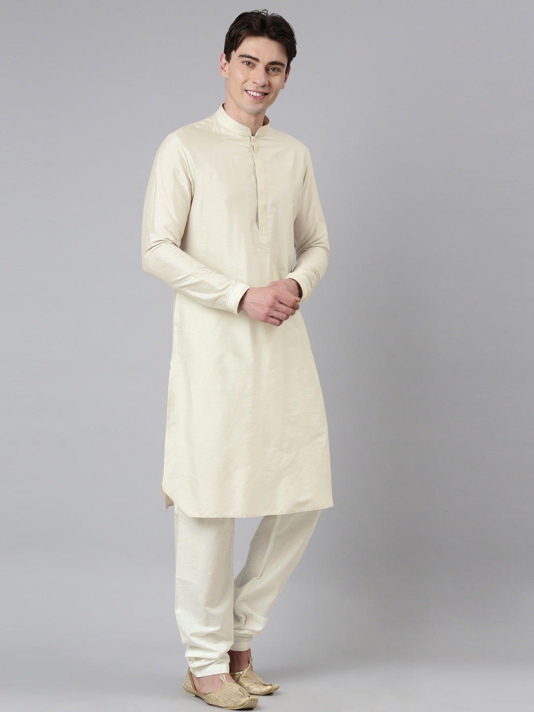 Cream Printed Lapel Style Jacket With Cream Gold Motif Kurta