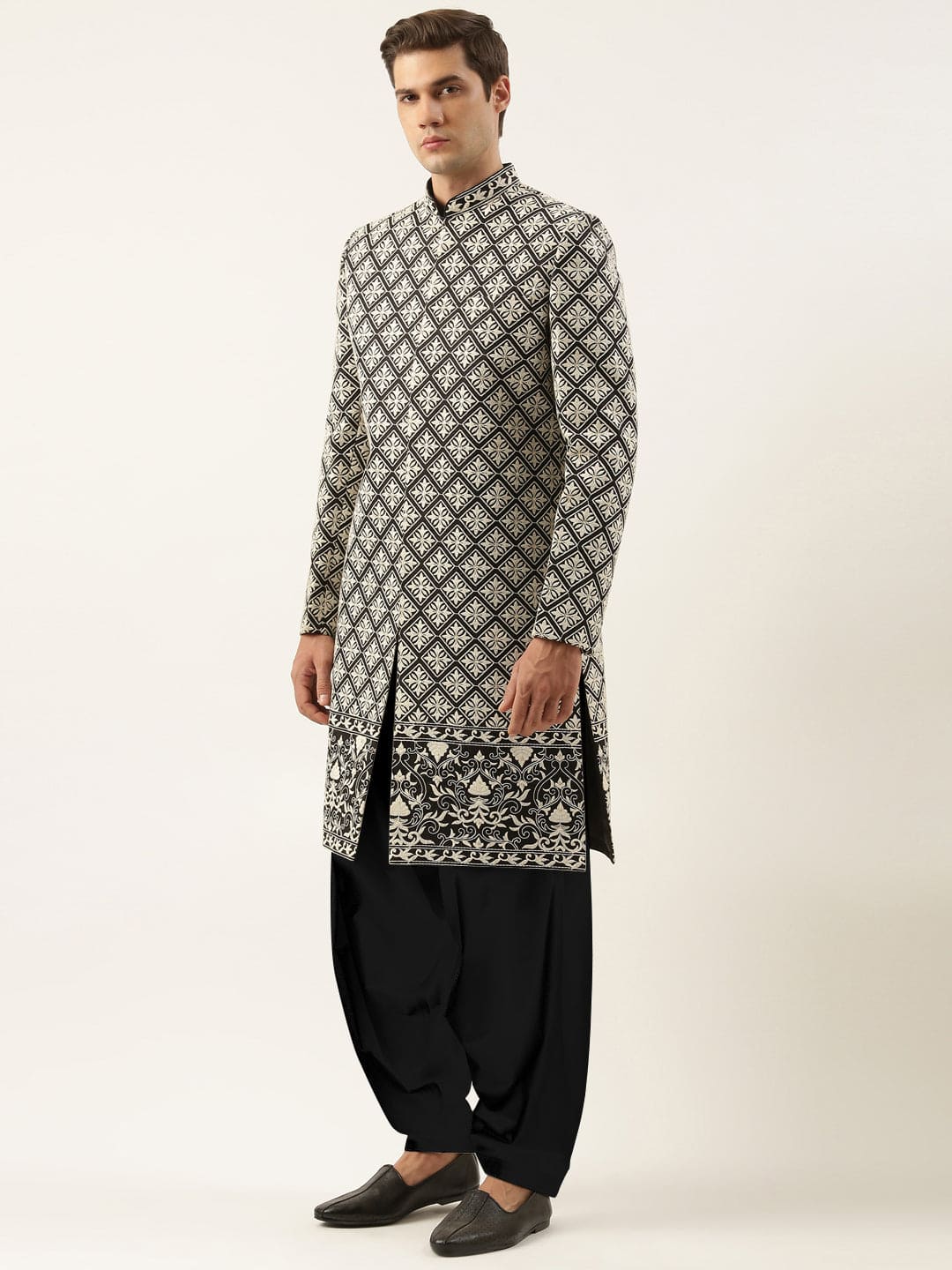 Black Silk Embroidered Indowestern Set
