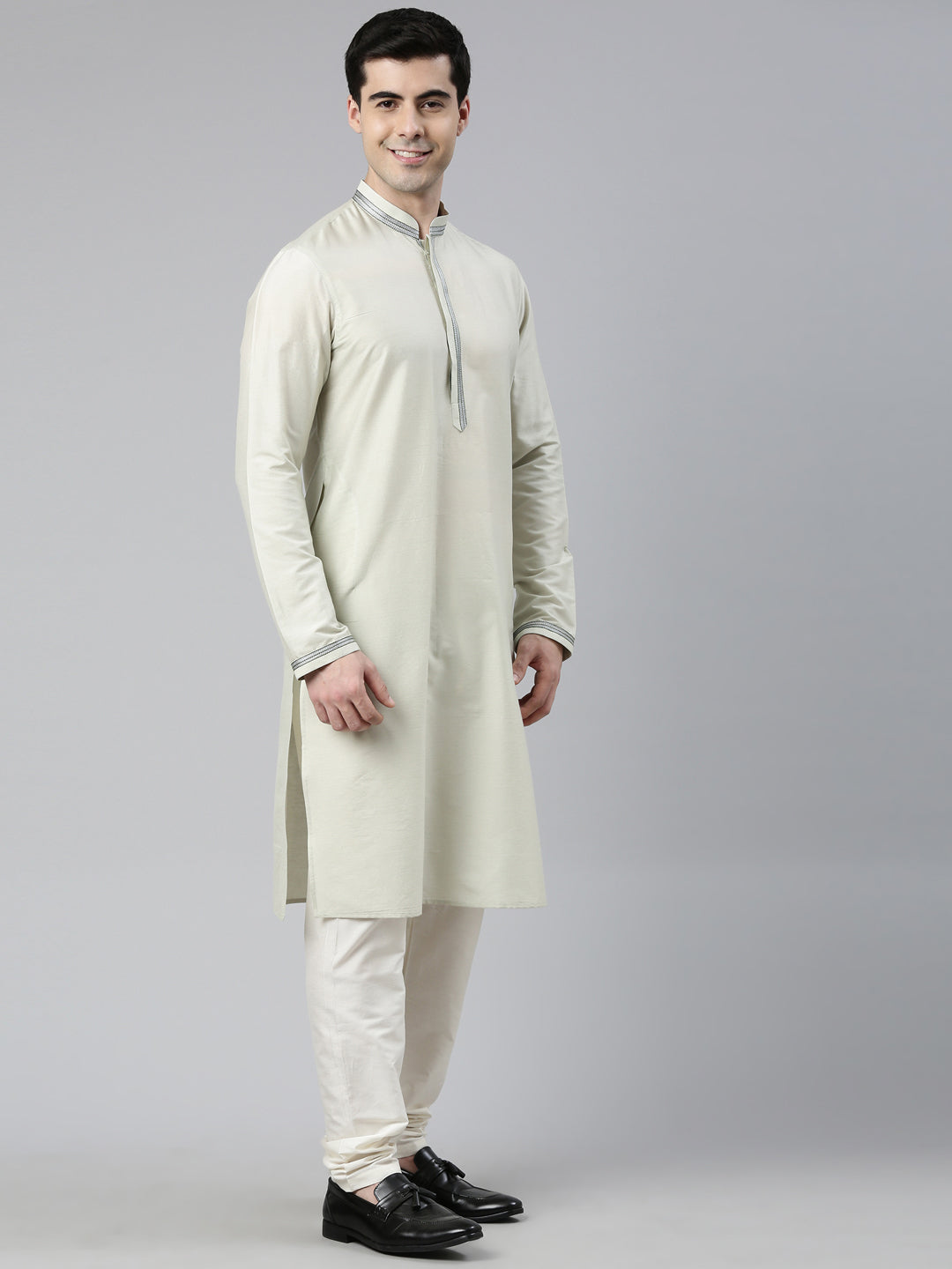 Grey Green Jacquard Jacket With  Green Kurta