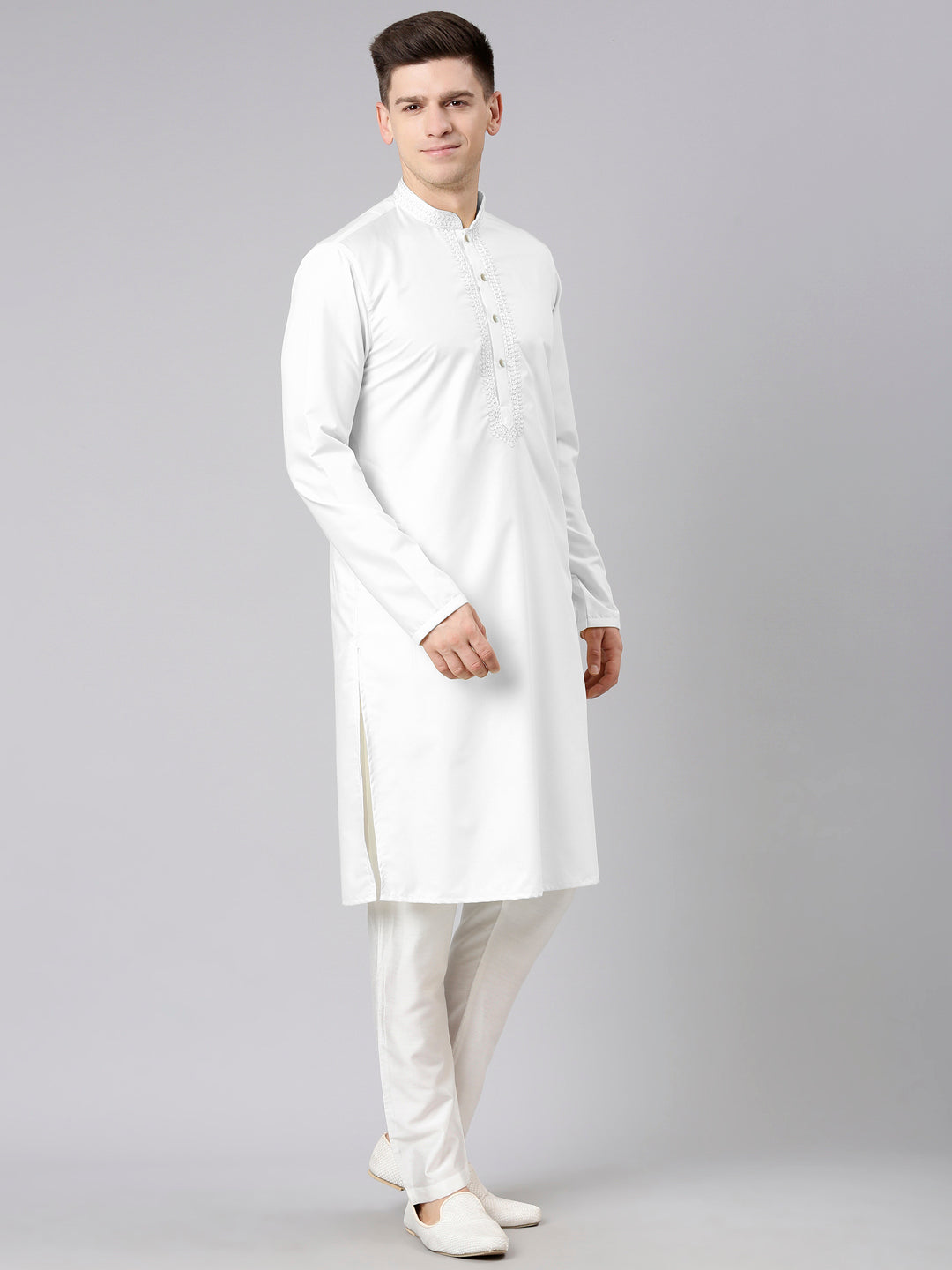 White Cotton Dori Embroidery Kurta Set