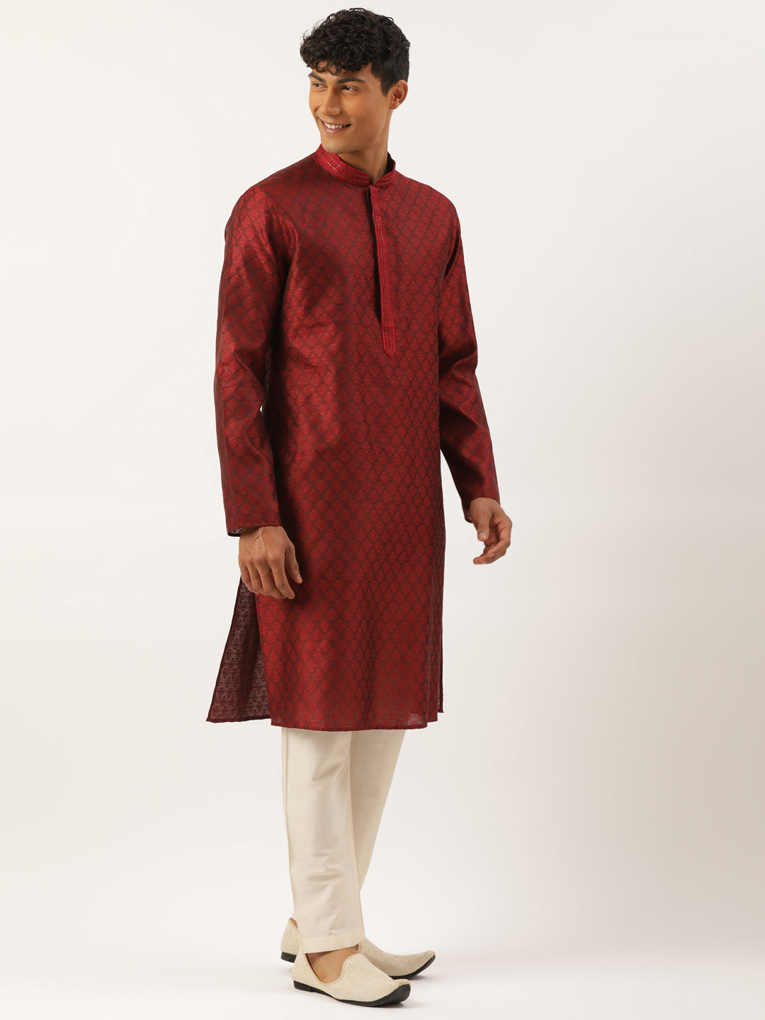 Maroon Jacquard Embroidered Kurta Set